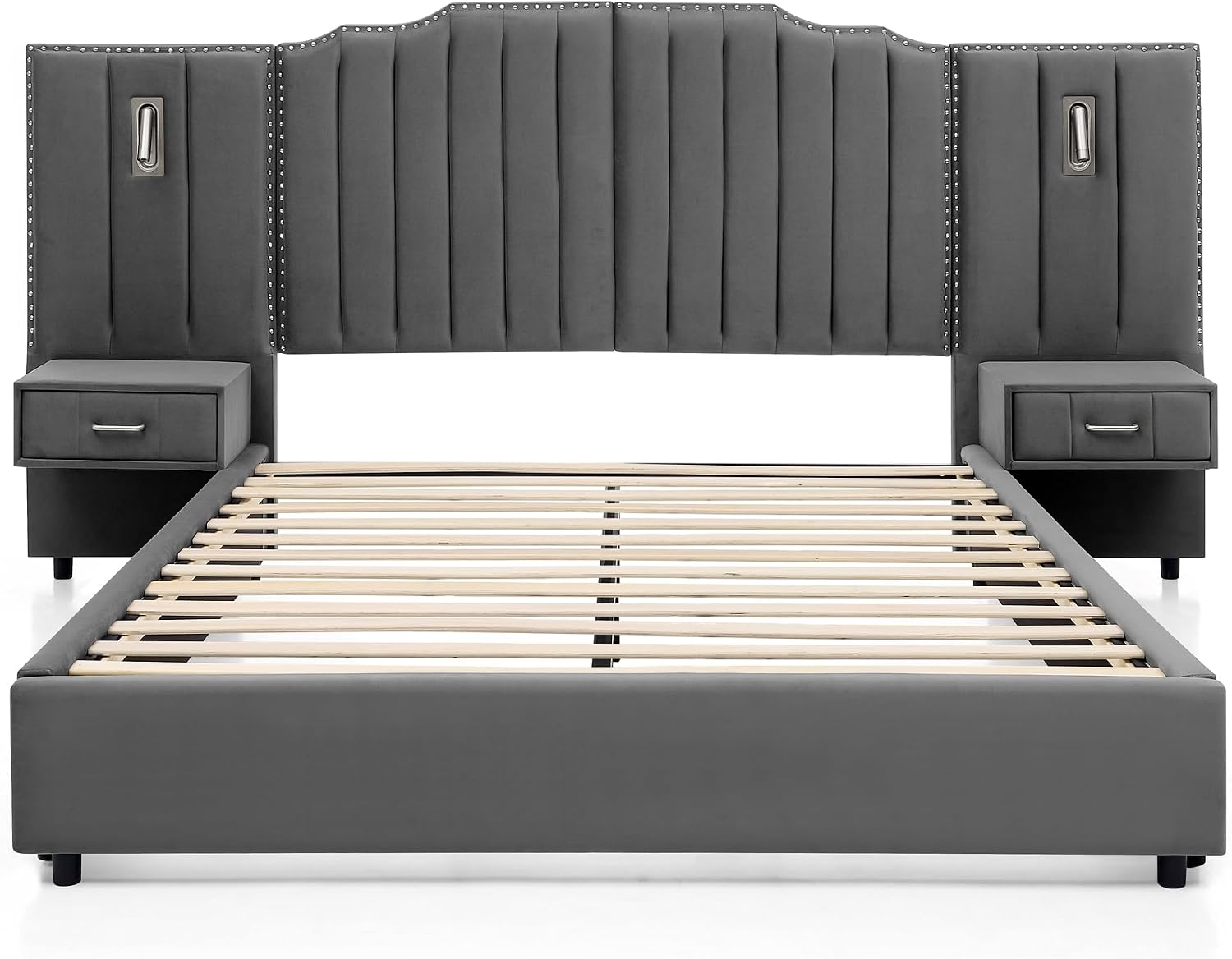 Velvet Upholstered Queen Size Platform Bed Frame with 48' Tall Headboard, Built-in Nightstands & Storage Drawers, No Box Spring Needed, Modern Gray Bedroom Furniture Set (Gray, Queen)