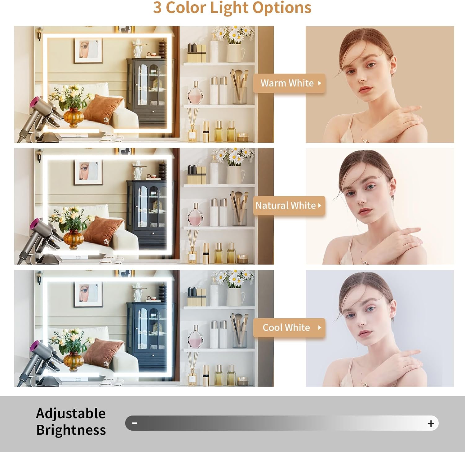 VOWNER Vanity with Mirror and Lights - 47' Glass Top Makeup Vanity Desk with 7 Drawers, 3 Storage Shelves and Outlet, 3 Color Lighting Modes Adjustable Brightness, Makeup Table for Bedroom (White)