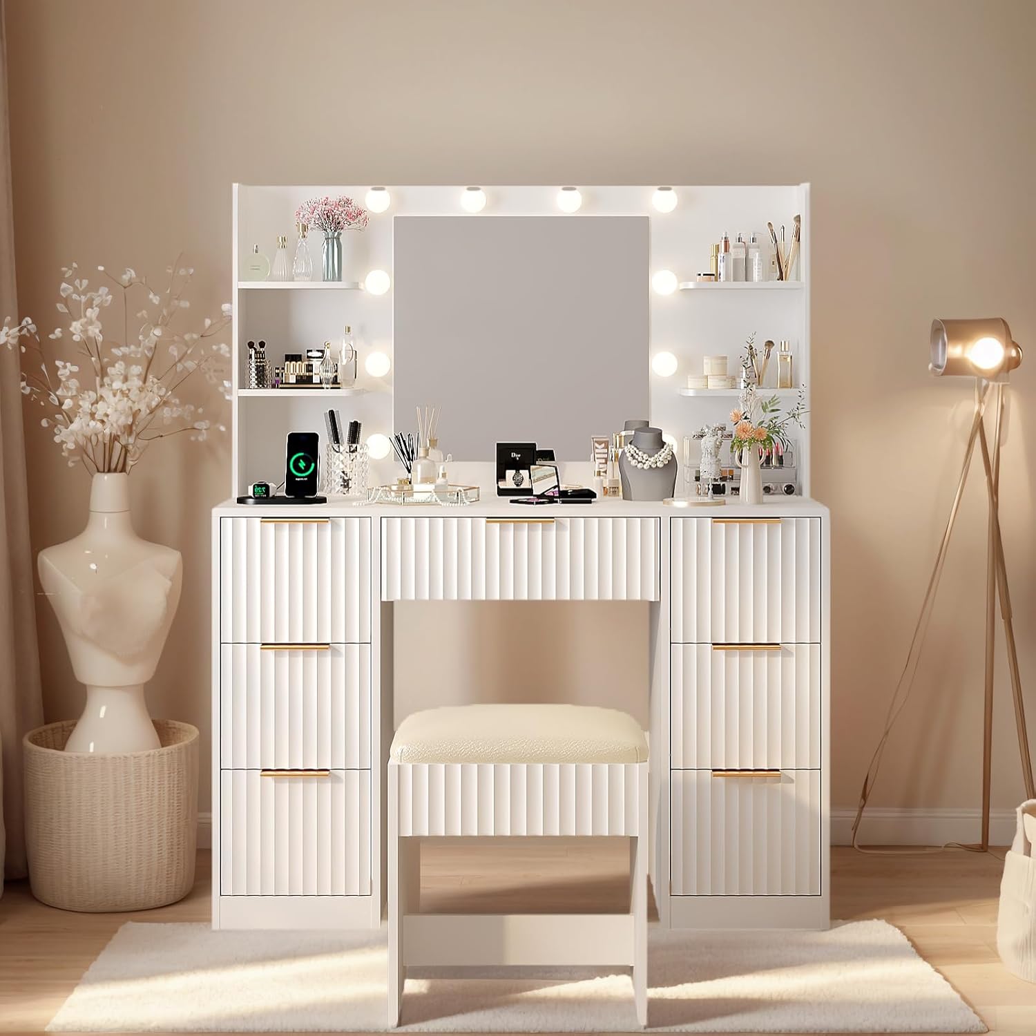 Karl home Fluted Vanity Desk with Mirror and Lights in 3 Modes and Charging Station, Makeup Vanity Table Set with 7 Drawers & Storage Shelves, Dressing Table with Chair for Bedroom, White