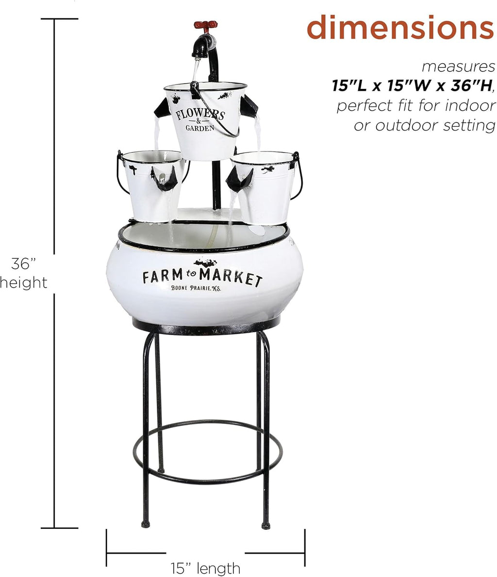 Alpine Corporation YHL424 36' Outdoor Floor Buckets with Faucet Water Fountain – Vintage Buckets Garden Water Feature, Charming Outdoor Fountain for Patio & Yard, White