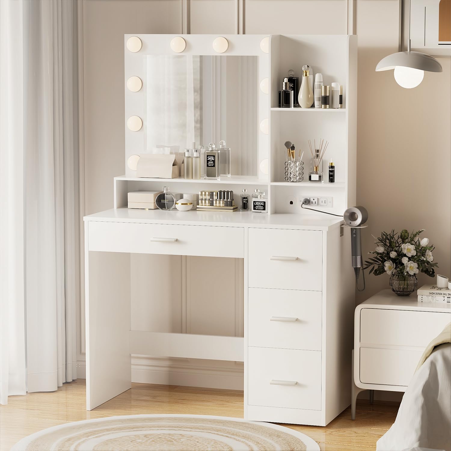 YESHOMY 39' Vanity Desk with Mirror & Lights, Makeup Vanity Table with Power Outlet & Storage Drawers, 3 Color LED Lighting, Dressing Table for Bedroom, White