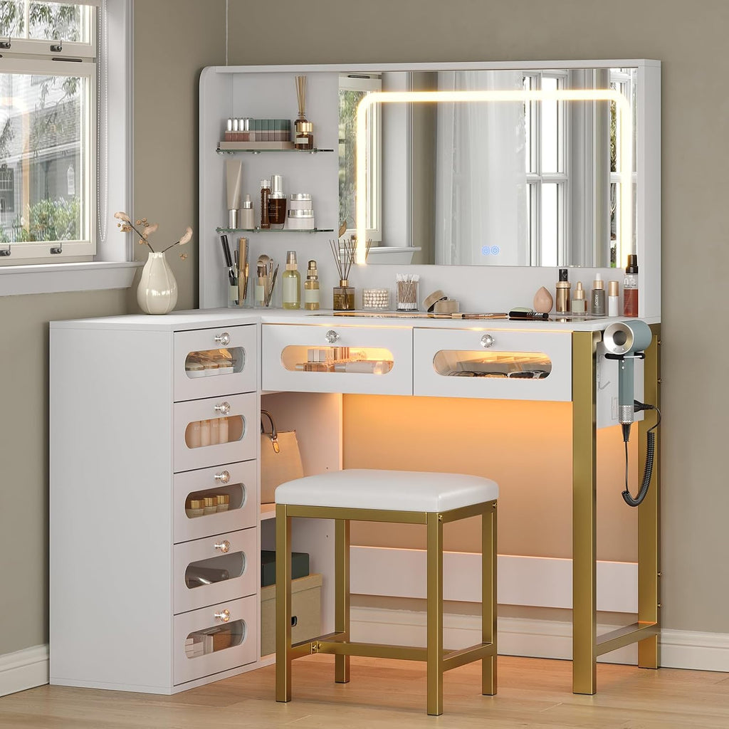 48' L-Shaped Corner Vanity Desk with LED Lighted Mirror - 3 Adjustable Lighting Modes, Featuring 5 Tempered Glass Drawers & Open Storage Shelves for Stylish Dressing Table (White)