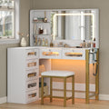 48' L-Shaped Corner Vanity Desk with LED Lighted Mirror - 3 Adjustable Lighting Modes, Featuring 5 Tempered Glass Drawers & Open Storage Shelves for Stylish Dressing Table (White)