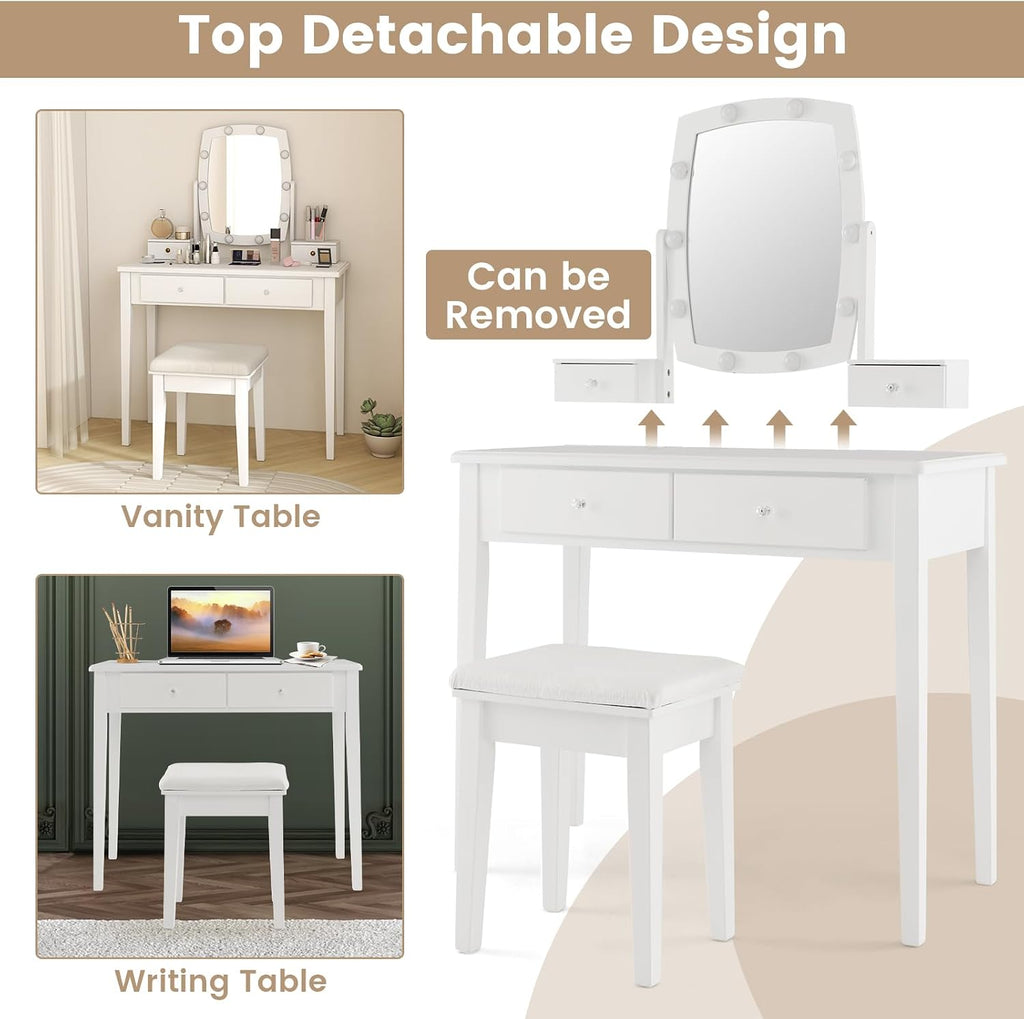 GOFLAME Vanity Table Set with Rotatable Lighted Mirror, 3-in-1 LED Lights, 4 Drawers, Dressing Table with Cushioned Stool for Bedroom (White)