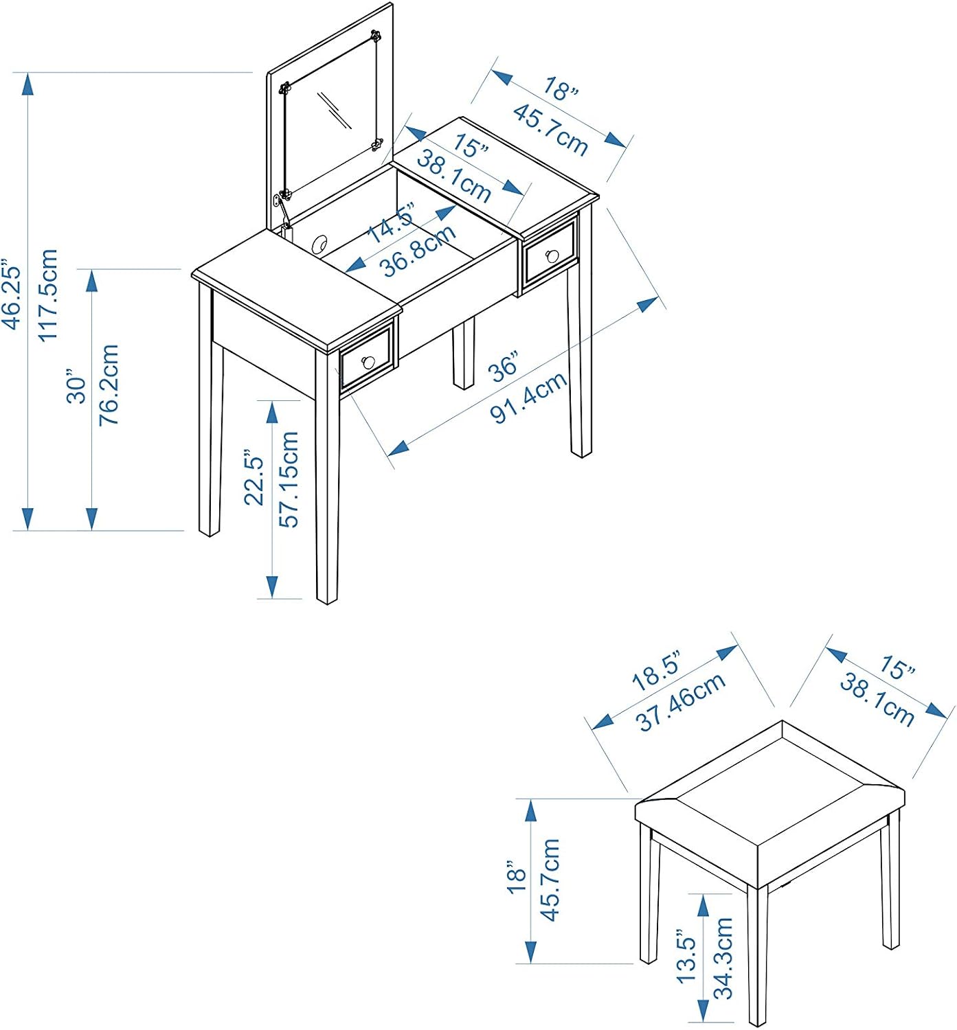 Linon Home Dcor Linon Black Butterfly Stool Vanity Set with Bench, 36'w x 18'd x 30'h,
