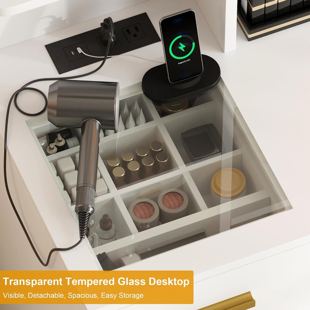 GarveeHome Makeup Vanity Desk with Lights in 3 Colors, White Vanity Table with Charging Station, Visible Drawers