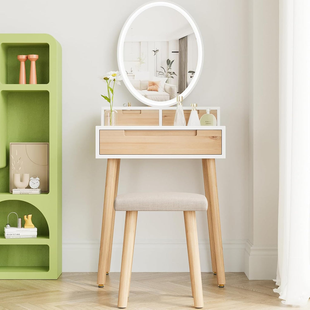 YOURLITE Small Makeup Vanity Desk with Lights, Compact Vanity Desk with Adjustable Brightness Mirror for Small Spaces, Dressing Table with Drawers and Storage Shelves