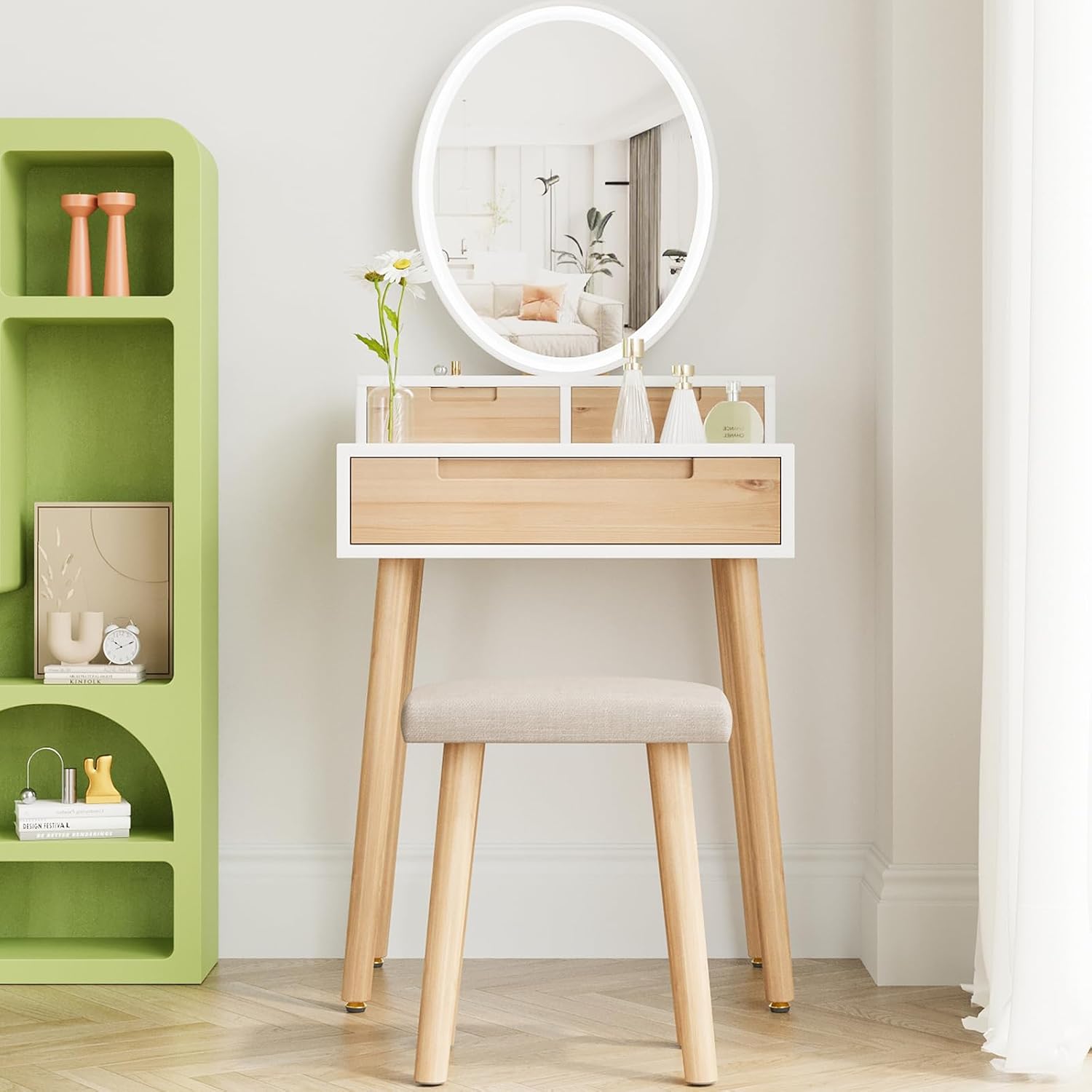 YOURLITE Small Makeup Vanity Desk with Lights, Compact Vanity Desk with Adjustable Brightness Mirror for Small Spaces, Dressing Table with Drawers and Storage Shelves