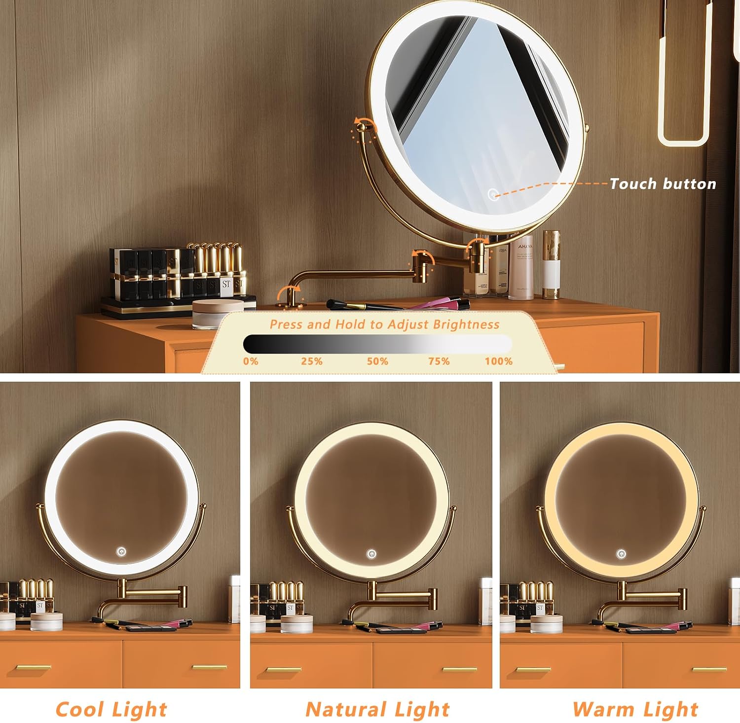 Vanity Desk with Adjustable Mirror and Lights, Makeup Desk with Drawers and Chair, Dressing Table Set with Leather Surface, Small Vanity Table for Bedroom, 3 Lighting Modes (Orange)