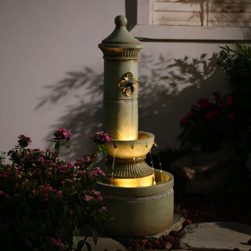 Bumilgar Outdoor Wall Fountain with LED Lights, 40.16' H Freestanding Garden Water Fountain, Large Floor Standing Patio Waterfall Feature, European Resin Flat Back Yard Courtyard Porch Décor