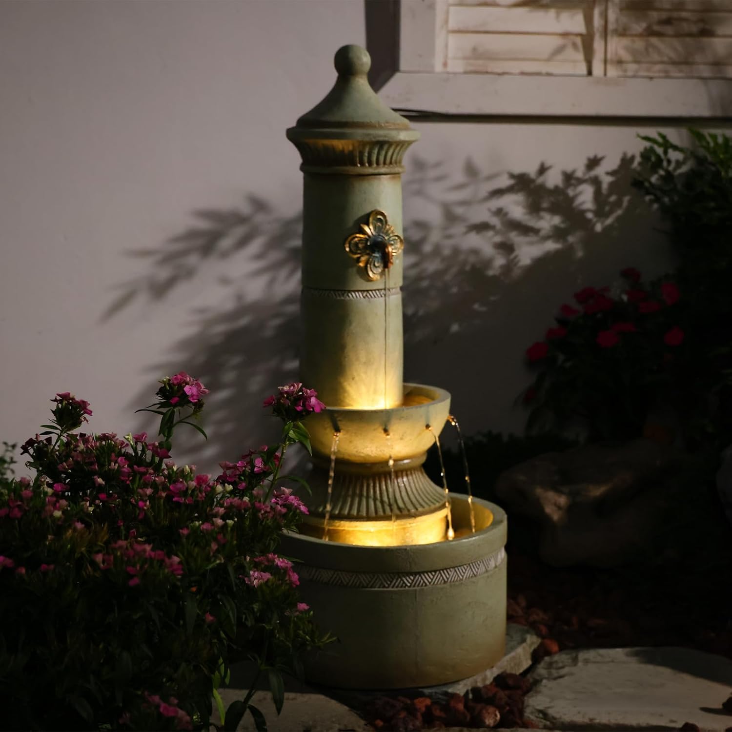 Bumilgar Outdoor Wall Fountain with LED Lights, 40.16' H Freestanding Garden Water Fountain, Large Floor Standing Patio Waterfall Feature, European Resin Flat Back Yard Courtyard Porch Décor