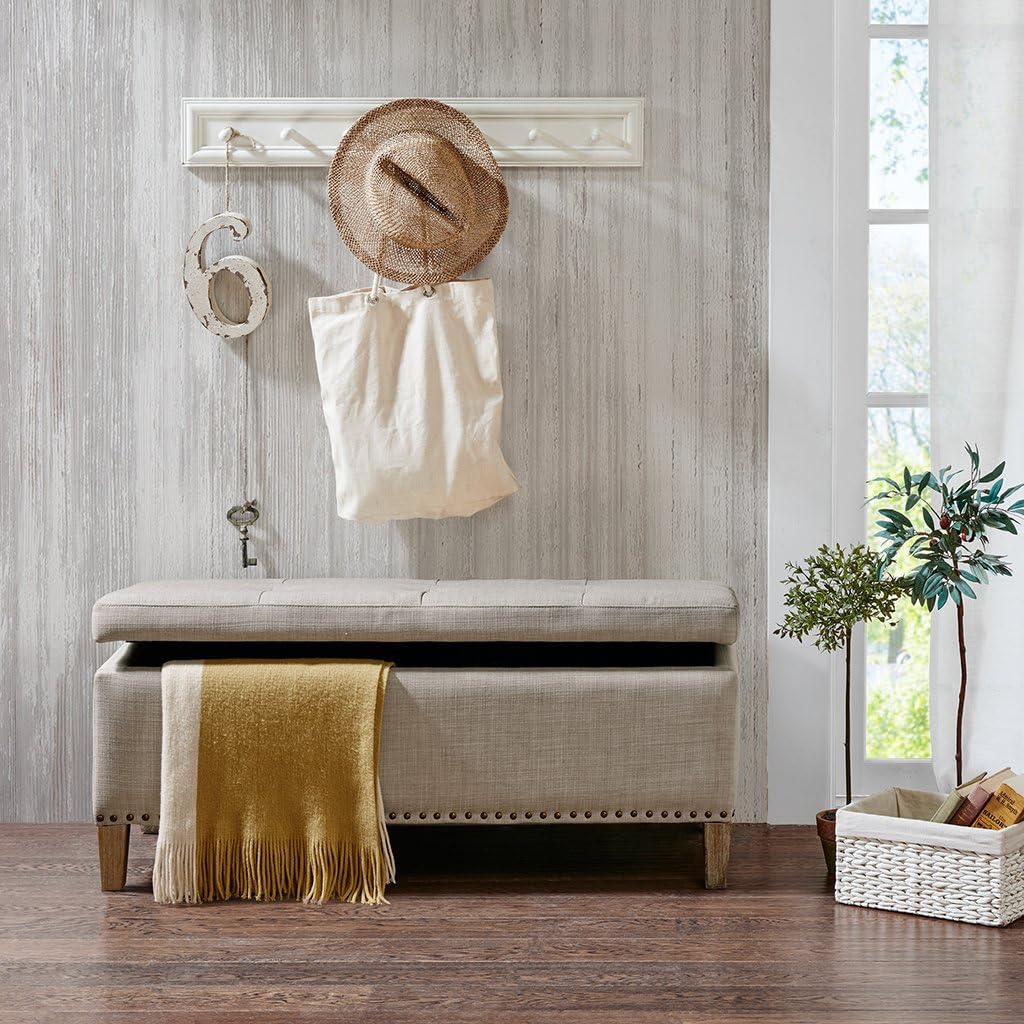 Madison Park Entryway Accent Bench for Living Room Flip Top Storage Bench Ottoman, Nailhead Trim, Tufted Padded Top, Modern Bed End Bench for Bedroom Storage Chest, Indoor Seating, 42'Wide, Light Grey