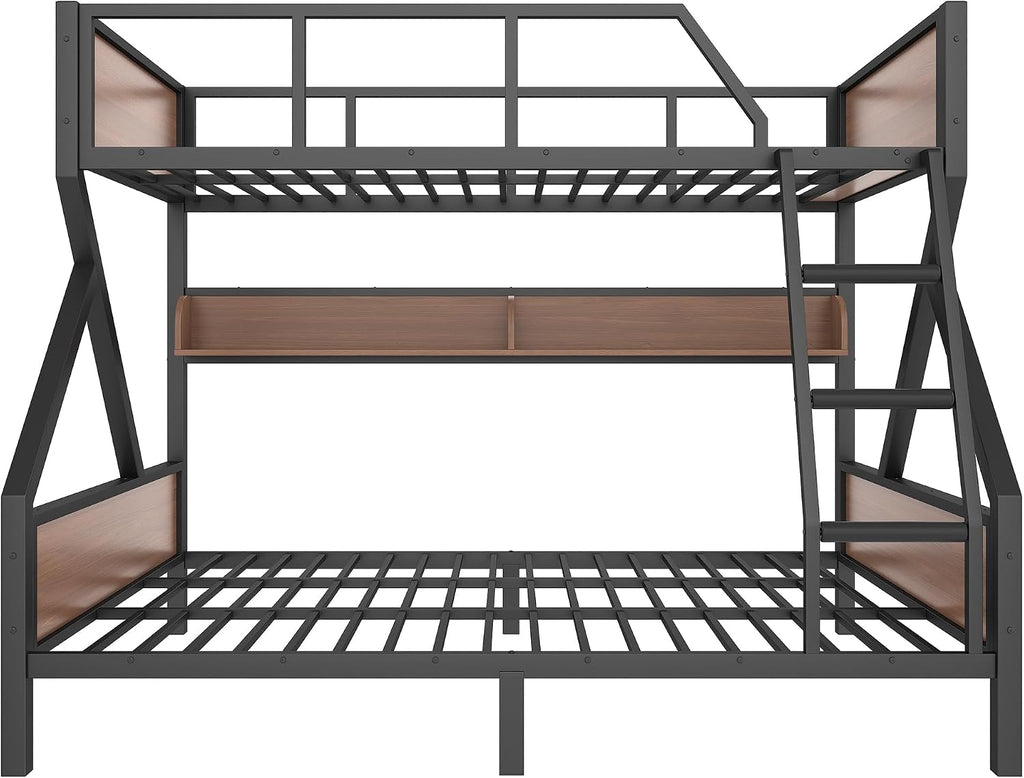 Bellemave Bunk Bed Full XL Over Queen with LED, Heavy Duty Metal Bunk BedFrame with Storage Shelves and Lights, Woodgrain+Black