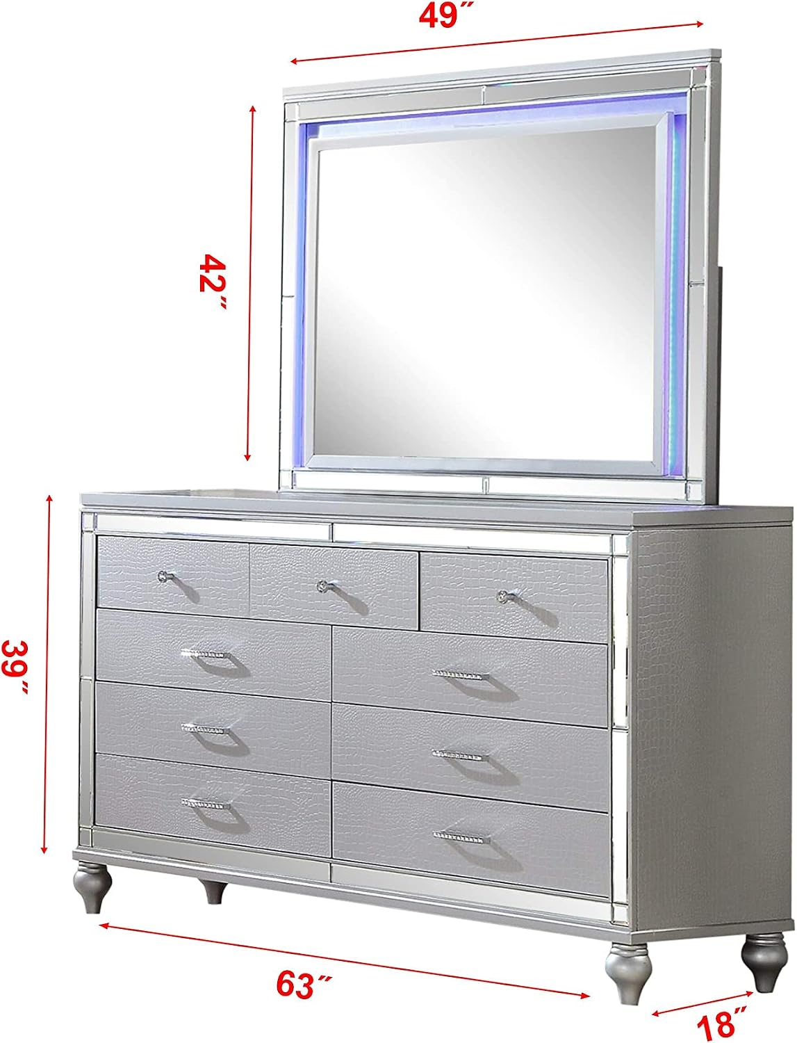 King LED Bedroom Set: 4-Piece Wooden Silver Contemporary Furniture - Crystal-Tufted Headboard with Integrated Lights - Luxury Bedroom Ensemble for Modern Homes