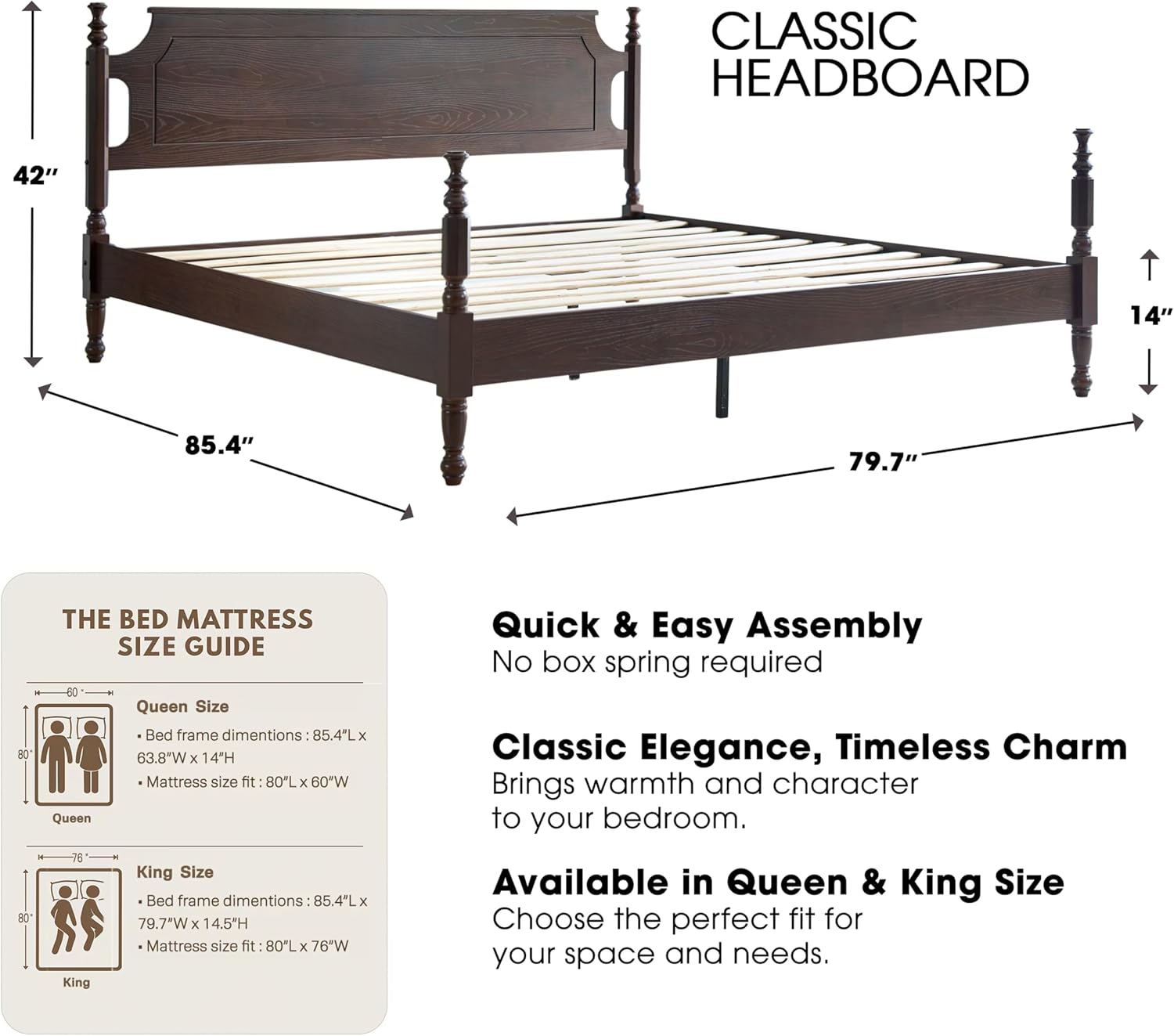 Solid Wood King Size Platform Bed Frame with Headboard & Footboard, 12 Strong Slats Base, Metal Legs, No Box Spring Needed, Easy Assembly, Anti-Noise & Slip-Free, Dark Roast Oak Finish, ROK-32