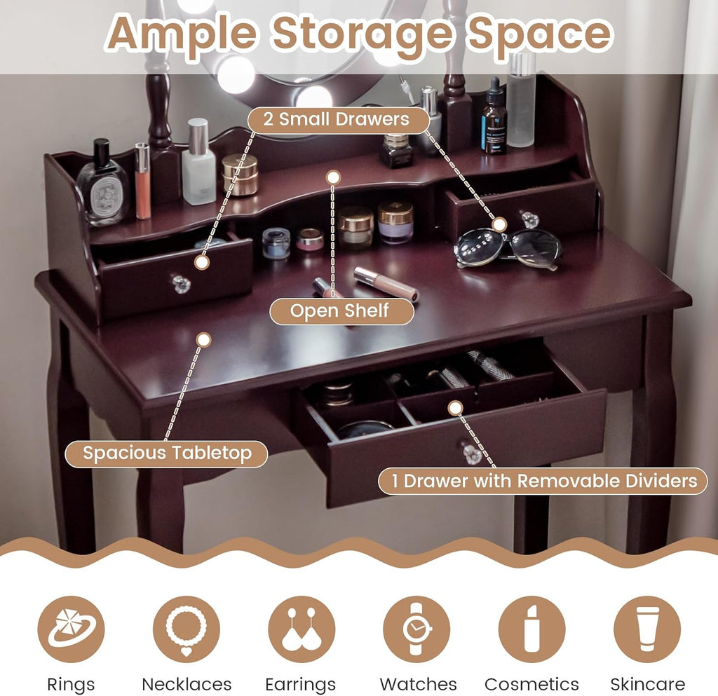 GOFLAME Vanity Table Set with Rotatable Mirror, Makeup Vanity Desk with 3-Color Dimmable LED Lights, 3 Drawers and Cushioned Stool, Dressing Table Set for Bedroom Studio (Brown)