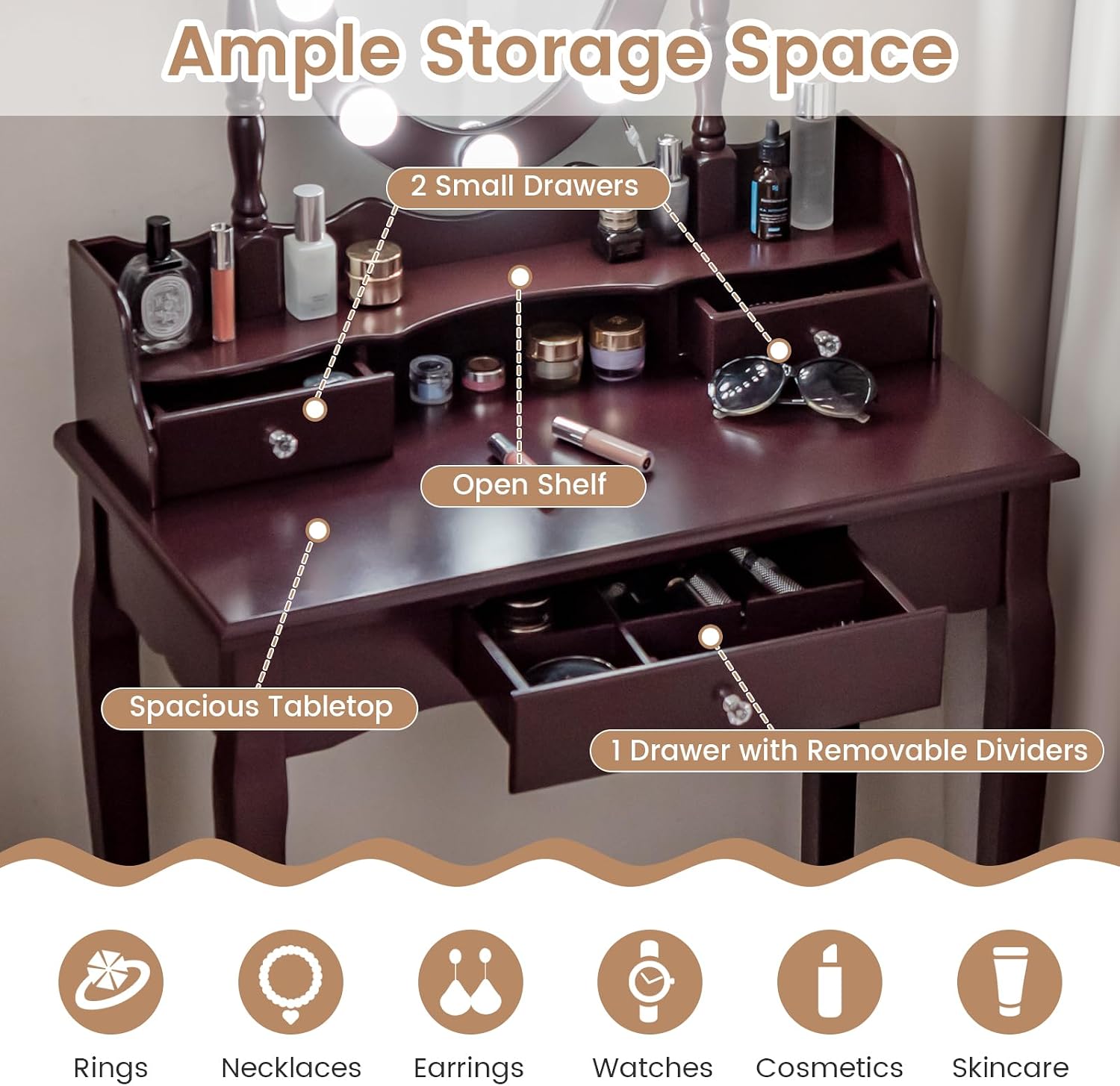 GOFLAME Vanity Table Set with Rotatable Mirror, Makeup Vanity Desk with 3-Color Dimmable LED Lights, 3 Drawers and Cushioned Stool, Dressing Table Set for Bedroom Studio (Brown)