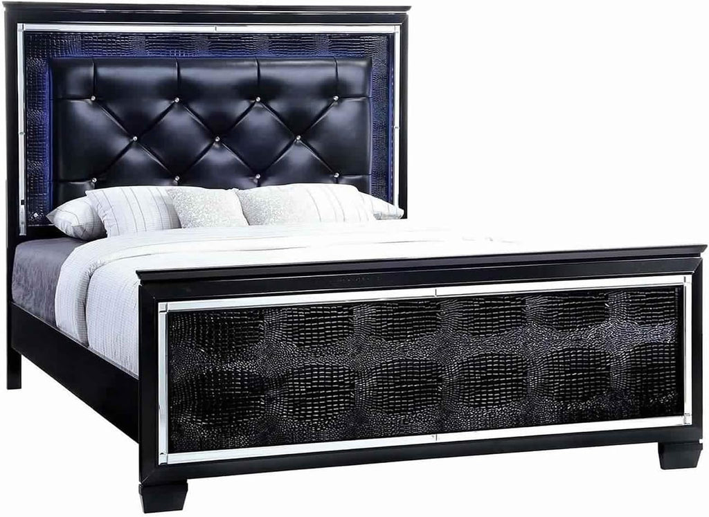 Benjara Kae 4 Piece King Bedroom Set- LED and Mirror Trim- Textured- Black