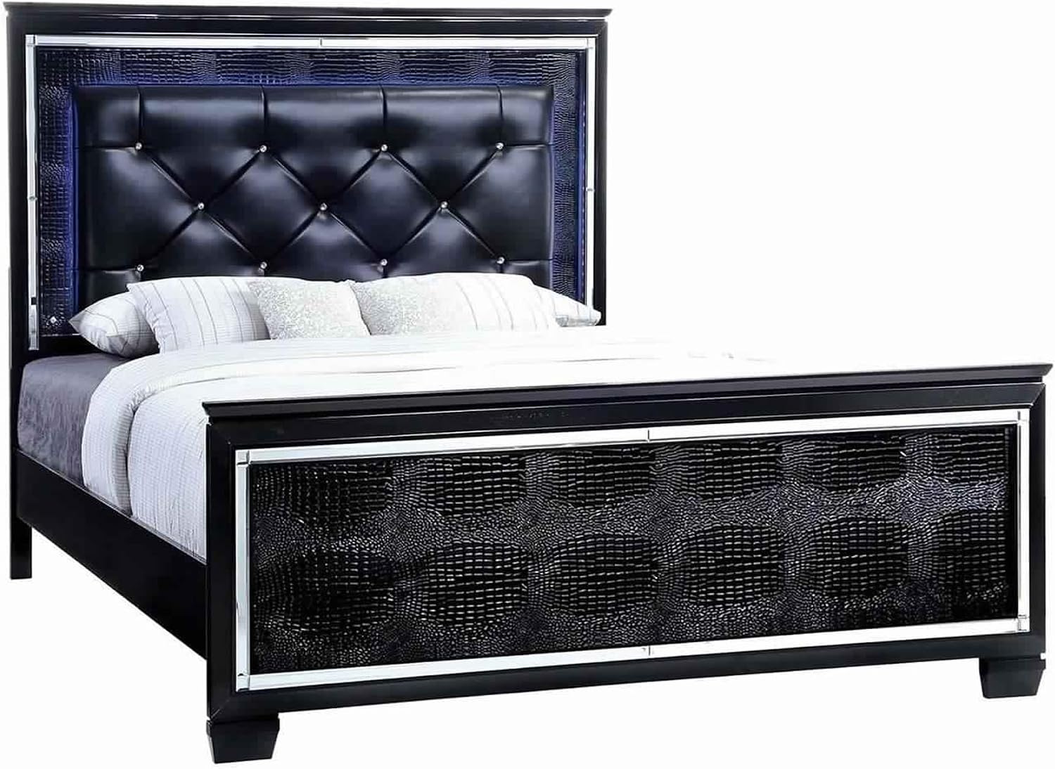 Benjara Kae 4 Piece King Bedroom Set- LED and Mirror Trim- Textured- Black