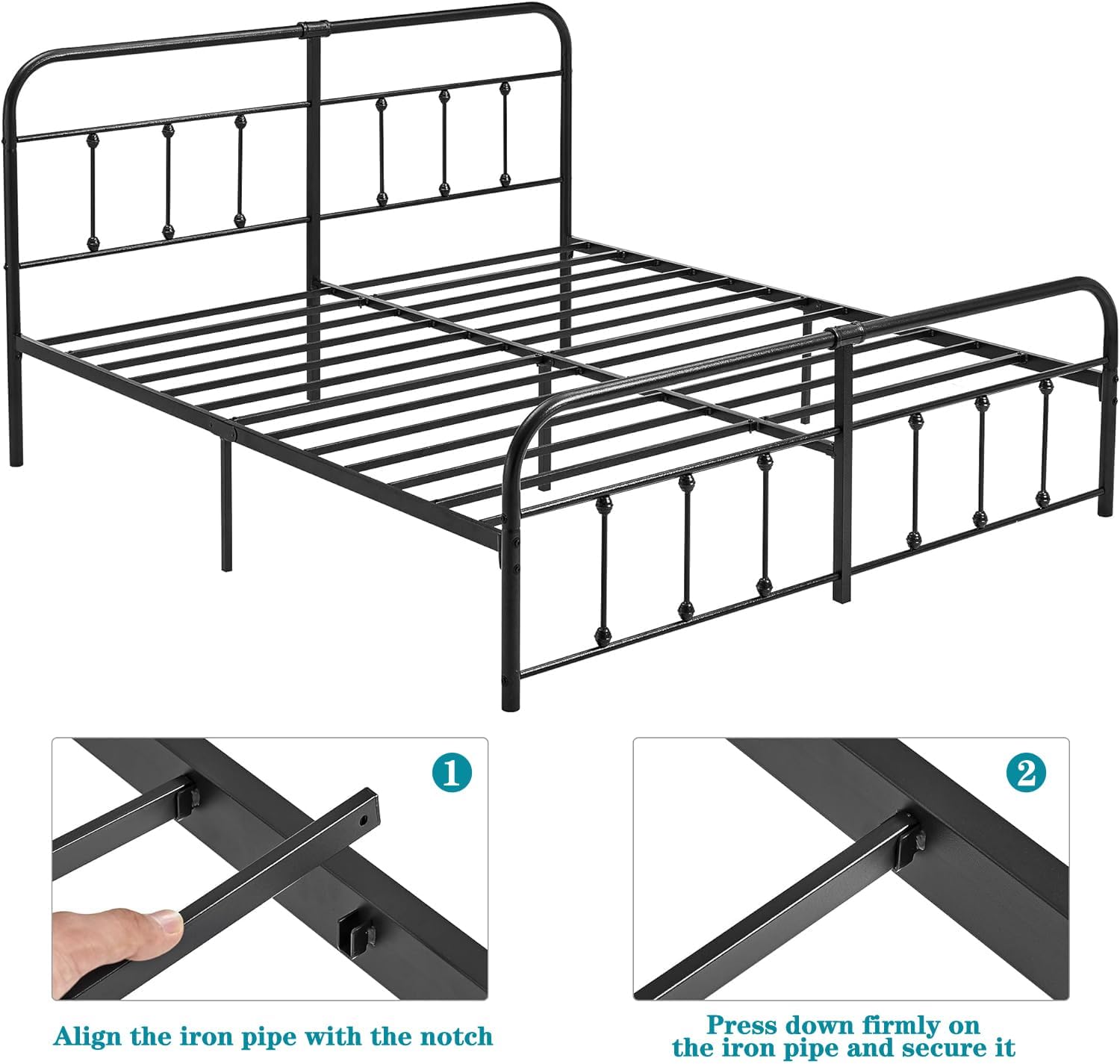 VECELO King Size Victorian Style Metal Bed Frame with Headboard Classic Metal Platform Bed Frame Mattress Foundation with Victorian Style Footboard/Under Bed Storage/No Box Spring Black