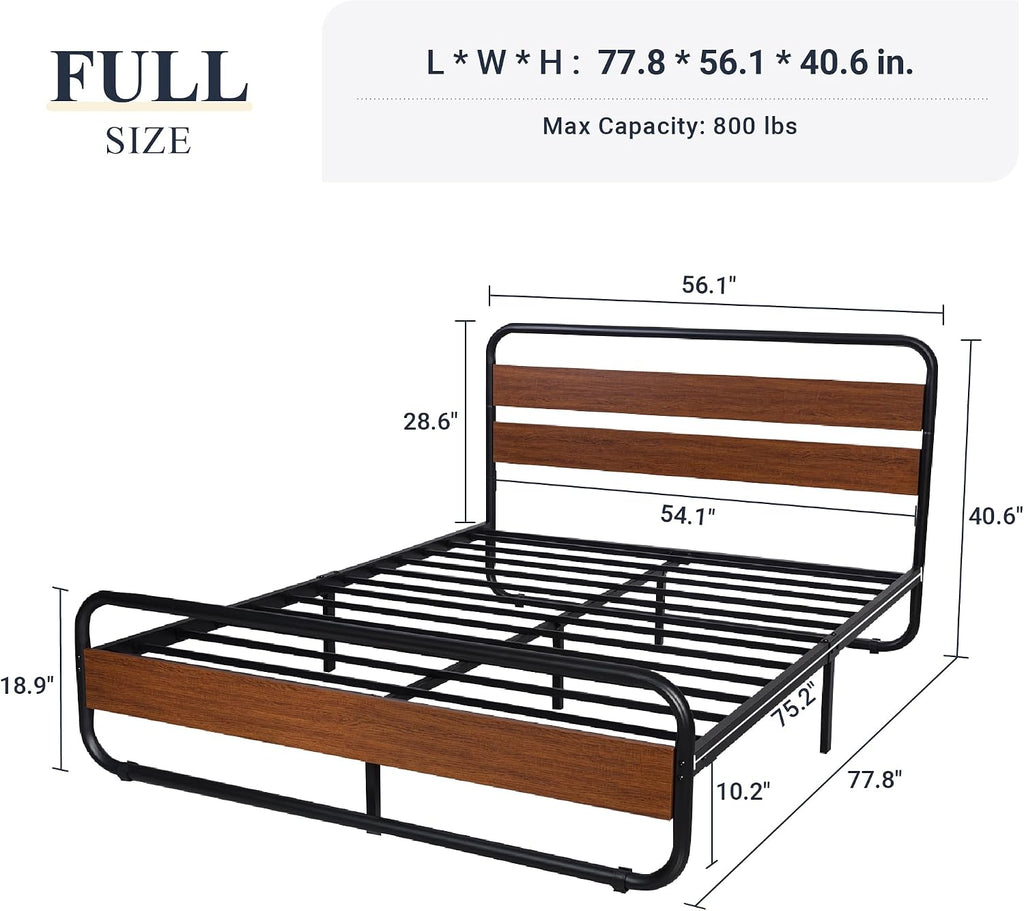 Allewie Full Size Metal Bed Frame with Curved Wood Headboard and Footboard, Heavy Duty Platform Iron Bed with Under-Bed Storage, Noise Free, No Box Spring Needed, Easy Assembly, Walnut