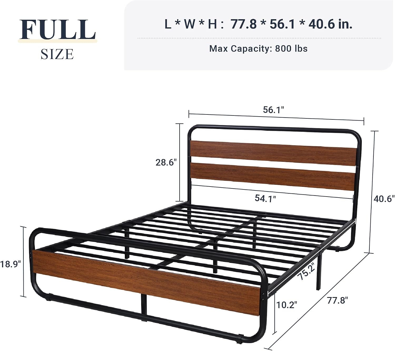 Allewie Full Size Metal Bed Frame with Curved Wood Headboard and Footboard, Heavy Duty Platform Iron Bed with Under-Bed Storage, Noise Free, No Box Spring Needed, Easy Assembly, Walnut