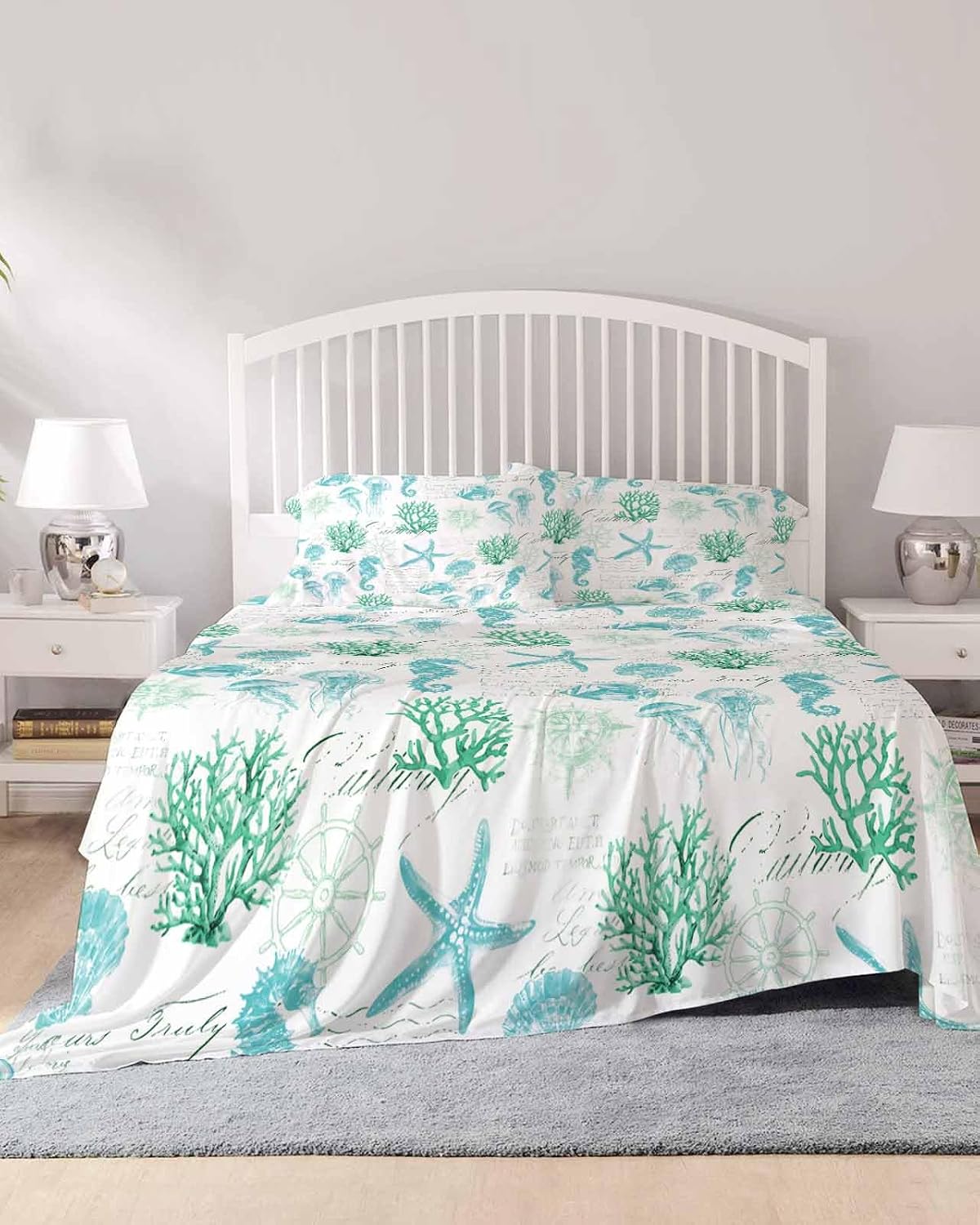 Green Aqua Coastal Cal King Sheet Set 4 Piece Bedding - Nautical Jellyfish Seashells Starfish Breathable Comfy Cooling Bed Sheets & Pillowcase Sets,Hotel Luxury Flat Sheets Deep Pockets Fitted Sheet