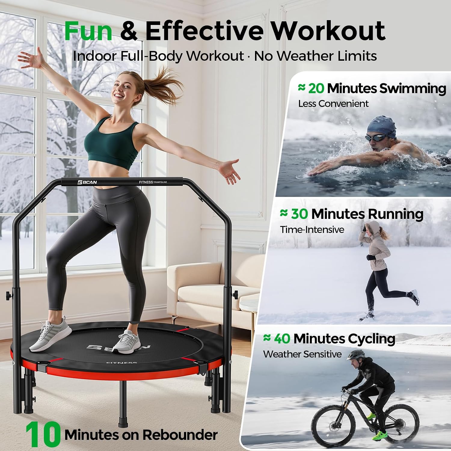 BCAN SP2 40/48' Foldable Mini Trampoline Max Load 330lbs/440lbs, Fitness Rebounder with Adjustable Foam Handle, Exercise Trampoline for Adults Indoor/Garden Workout | FED Fitness