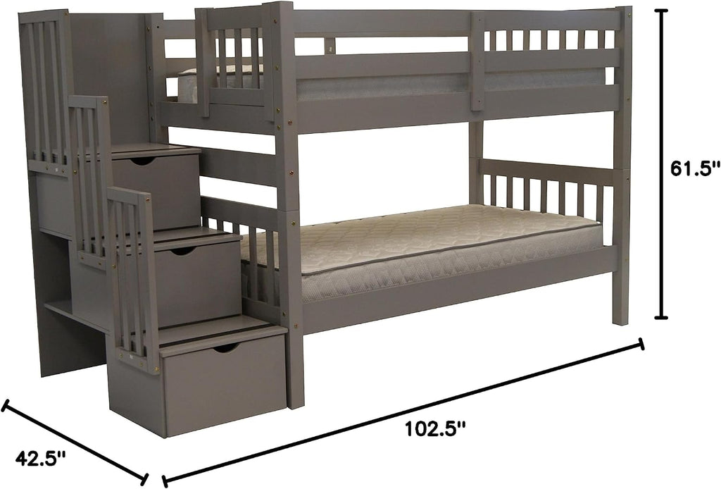 Bedz King Stairway Bunk Beds Twin Over Twin, 3 Step Drawers, Gray