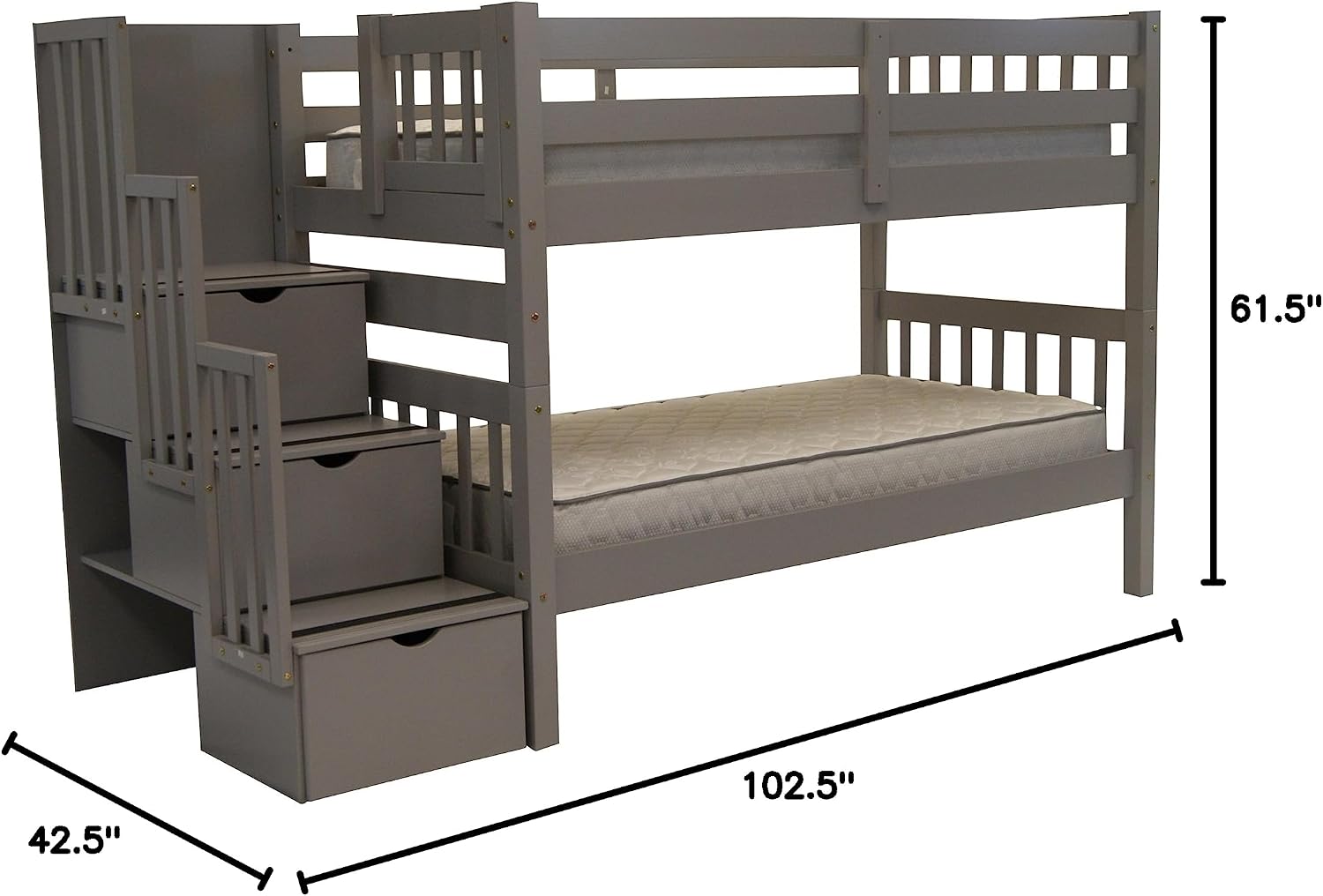 Bedz King Stairway Bunk Beds Twin Over Twin, 3 Step Drawers, Gray