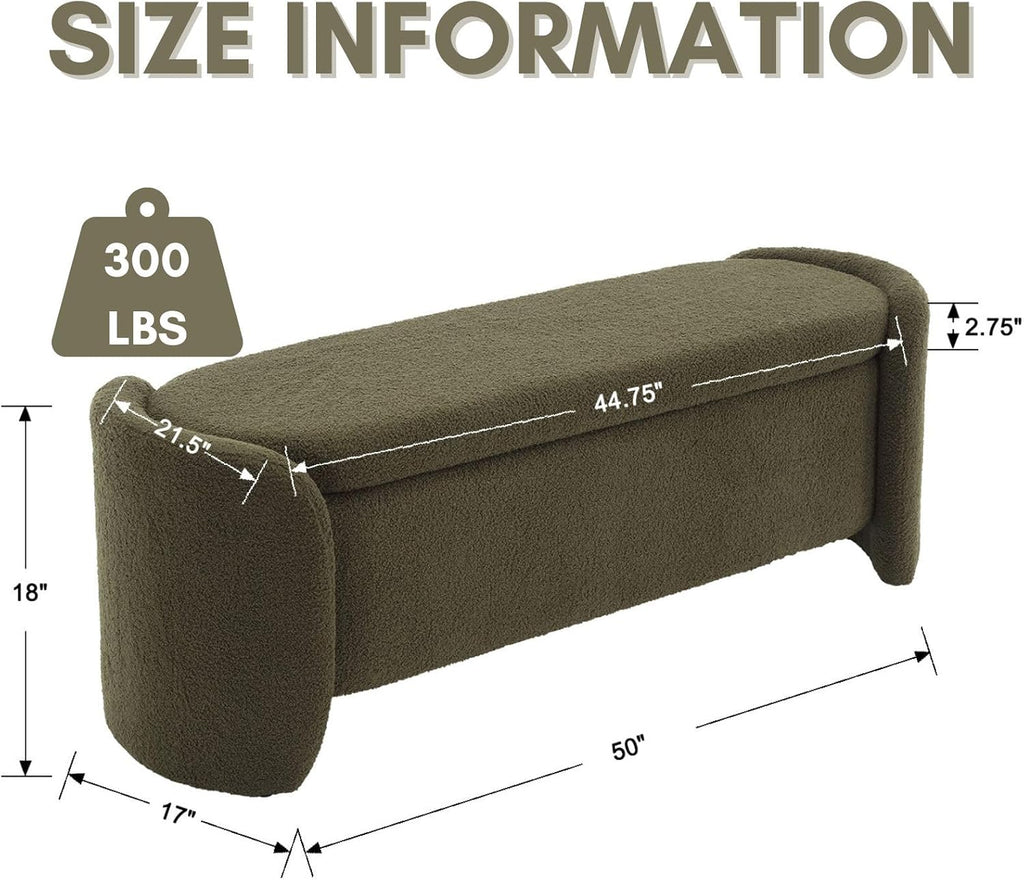 ROCTY Green Boucle Storage Bench - 50' Sherpa End of Bed Ottoman with Seating and Storage for Bedroom, Entryway, Living Room, Vanity or Makeup Room - Teddy Fabric