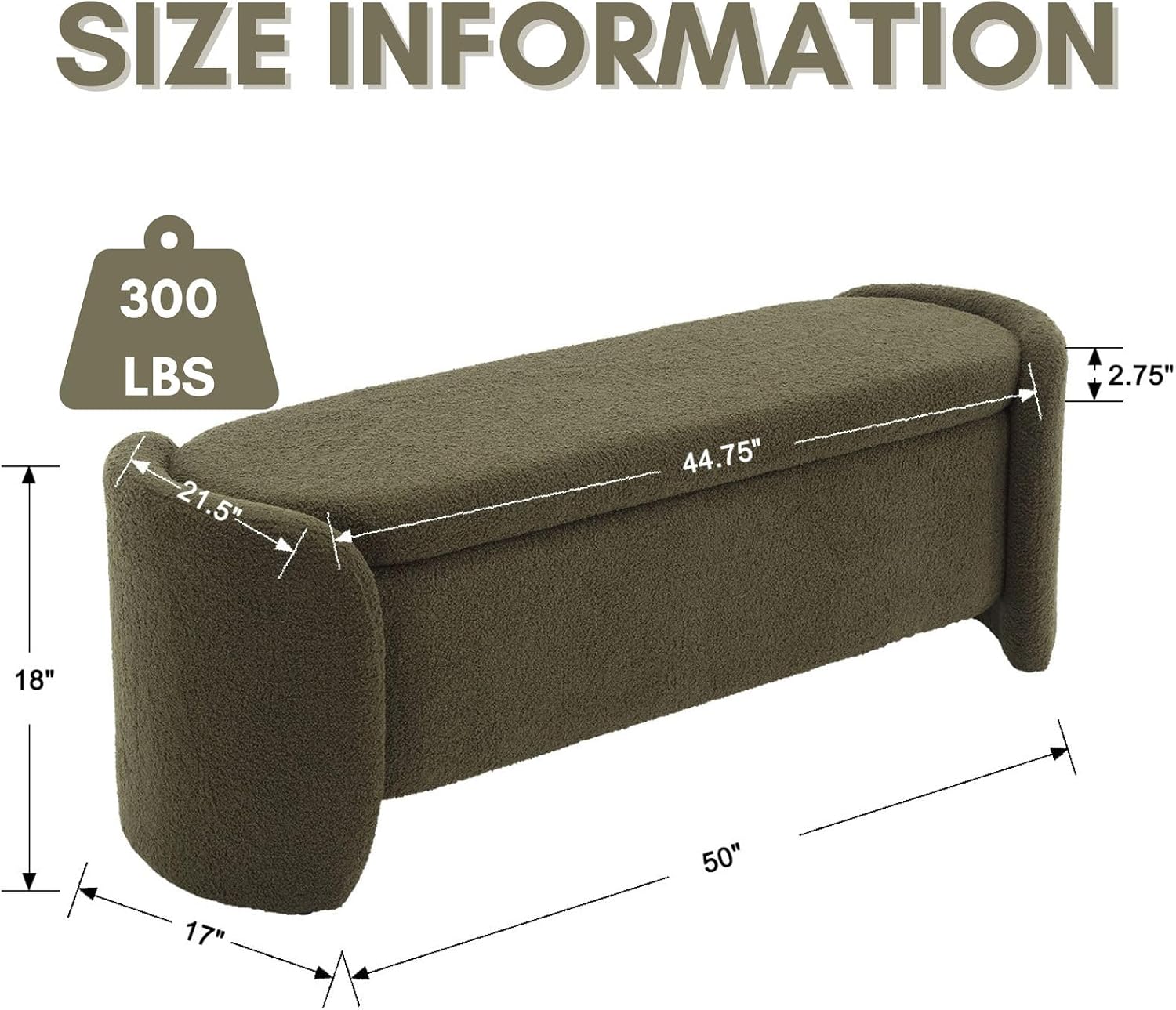 ROCTY Green Boucle Storage Bench - 50' Sherpa End of Bed Ottoman with Seating and Storage for Bedroom, Entryway, Living Room, Vanity or Makeup Room - Teddy Fabric