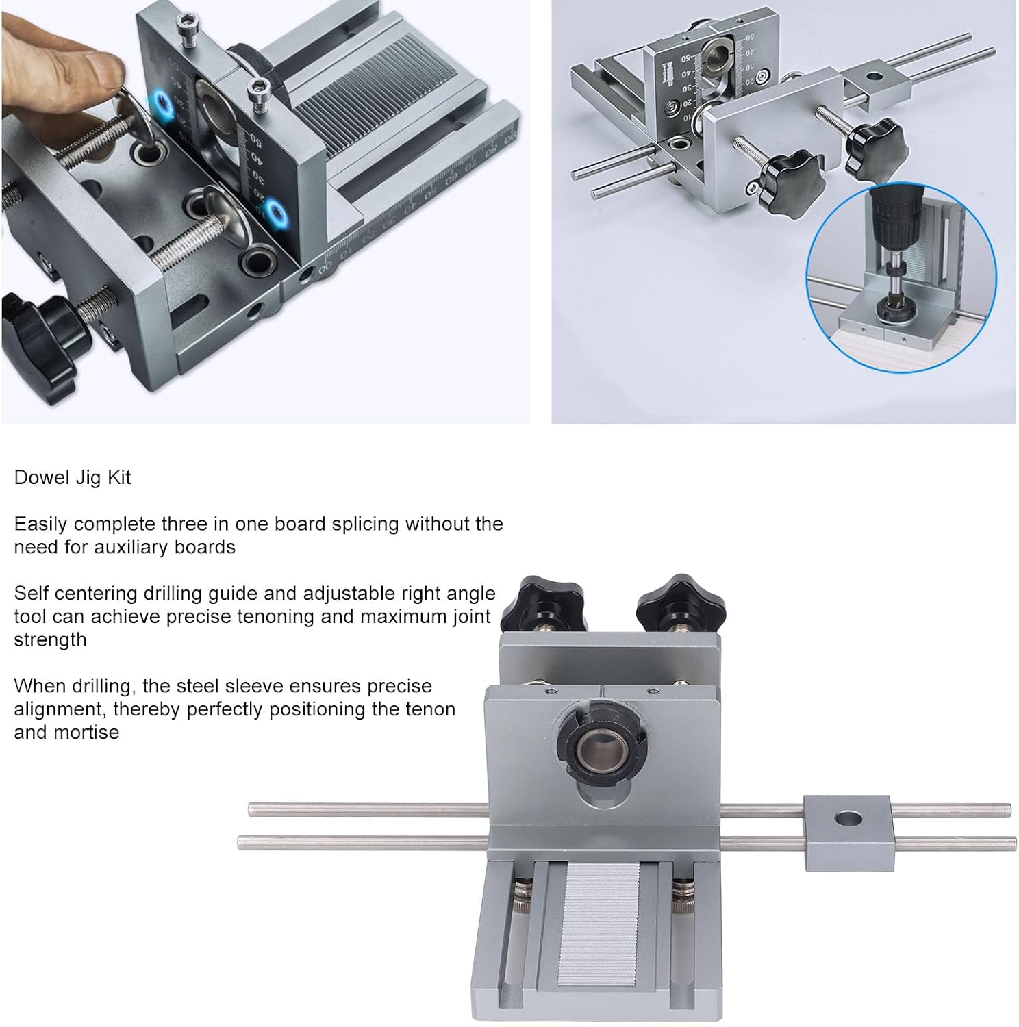 Self Centering Doweling Jig, Adjustable Quick Release 6 8 10mm Drilling Sleeves Dowel Jig Kit 3 in 1 Sturdy Construction Biscuit Joiner Set for Furniture Assembly, DIY Projects