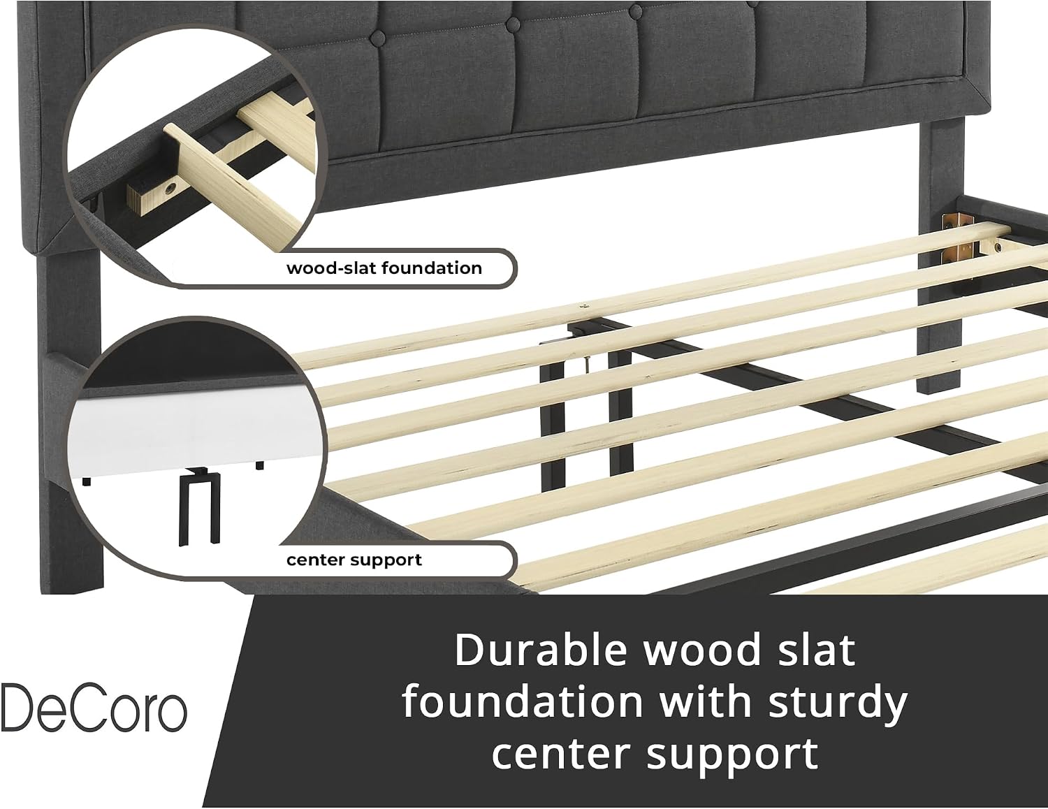 Decoro Mornington Upholstered 2.0 Platform Bed, Button-Tufted Fabric Headboard and Metal Frame with Wood Slat Support, Dark Grey, King