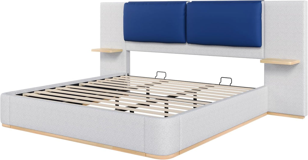 Luxury Bed Frame with Nightstands Modern Bedroom Set, Grey King Size Floor Platform Bed with Oversize Soft Upholstered Tall Headboard Bedframe, No Box Spring Needed (Blue+Grey, King)
