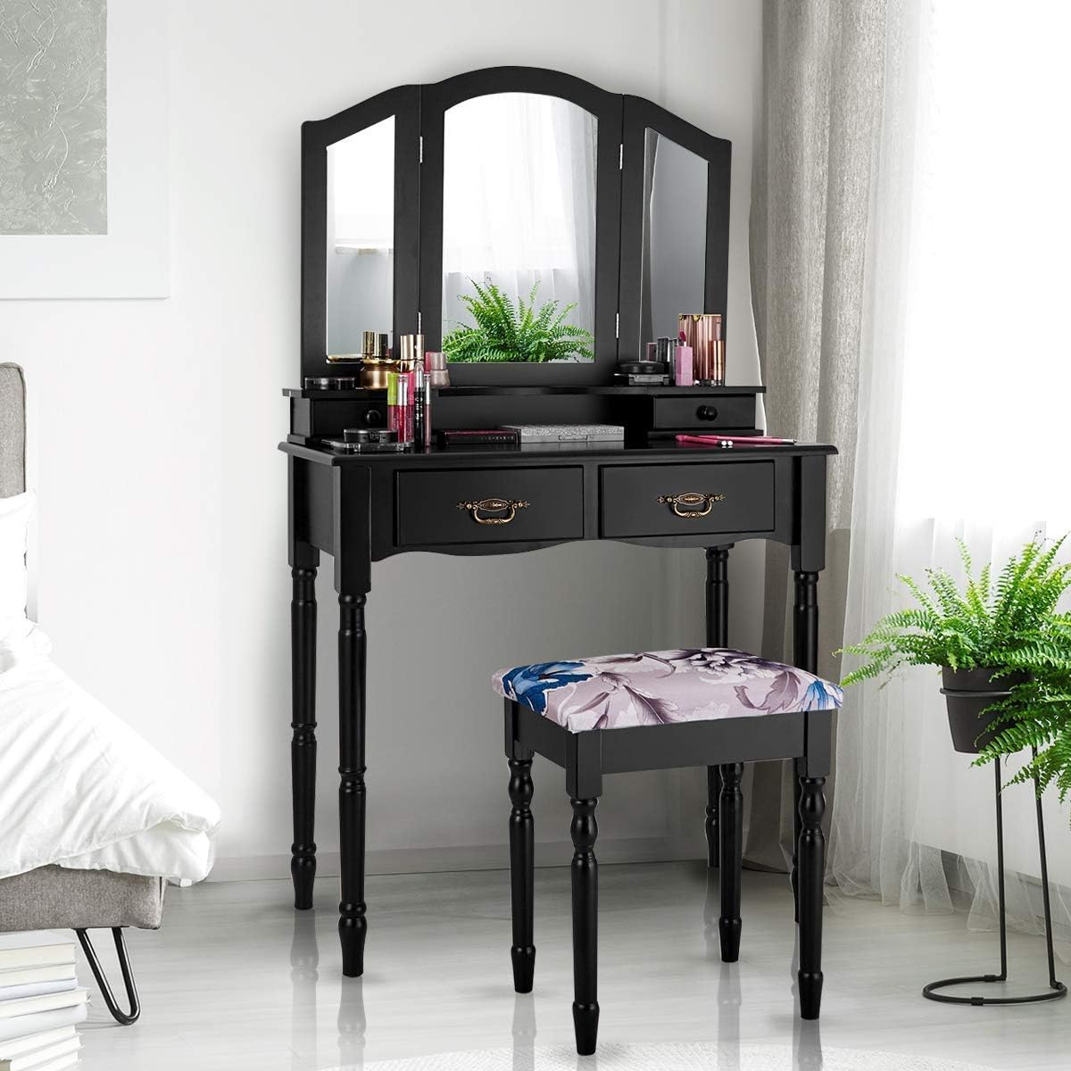 Giantex Vanity Table Set with Tri-Folding Mirror, Makeup Dressing Table with 4 Drawers, Bedroom Vanity with Padded Stool, Room Desk Vanities, Black