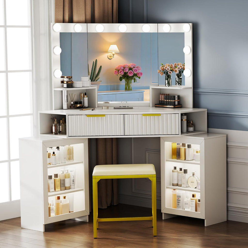 Vanity Desk with LED Lights Mirror & Power Outlet – Corner Design, Makeup Vanity Table Set with Storage Drawers & Chair, 3 Lighting Modes for Living Room/Bedroom, Ideal for Gift (White)