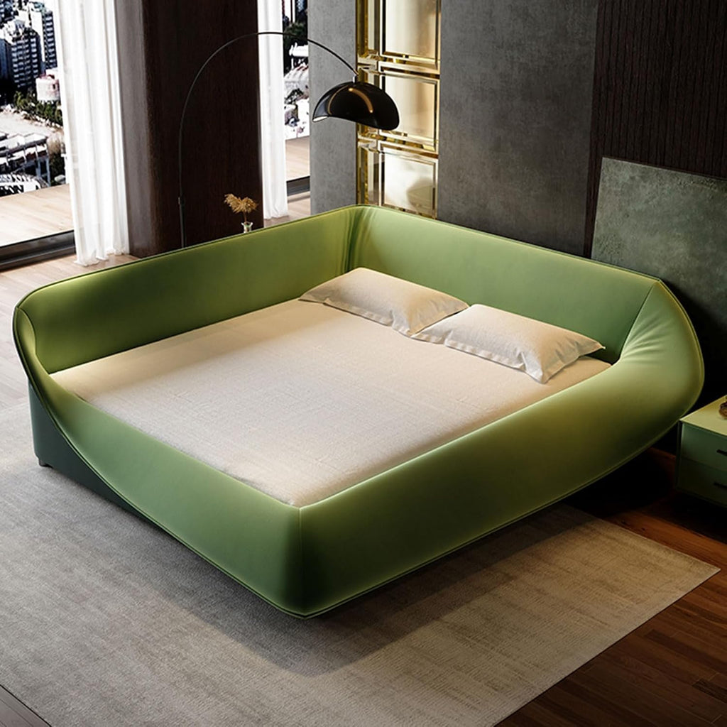 Elegant King Size Genuine Leather Bed Set Thick Padded Headboard Wooden Slats and Metal Frame Support, No Box Spring Needed Noise Free