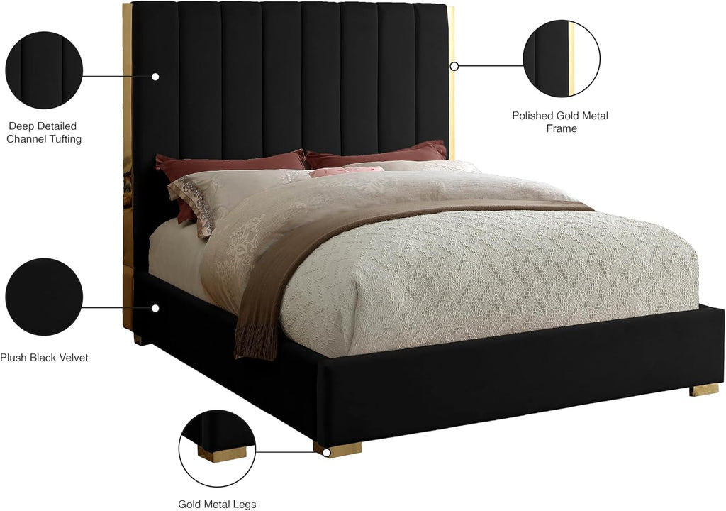 Meridian Furniture Becca Collection Modern | Contemporary Velvet Upholstered Bed with Deep Channel Tufting and Polished Gold Metal Frame, Black, Full