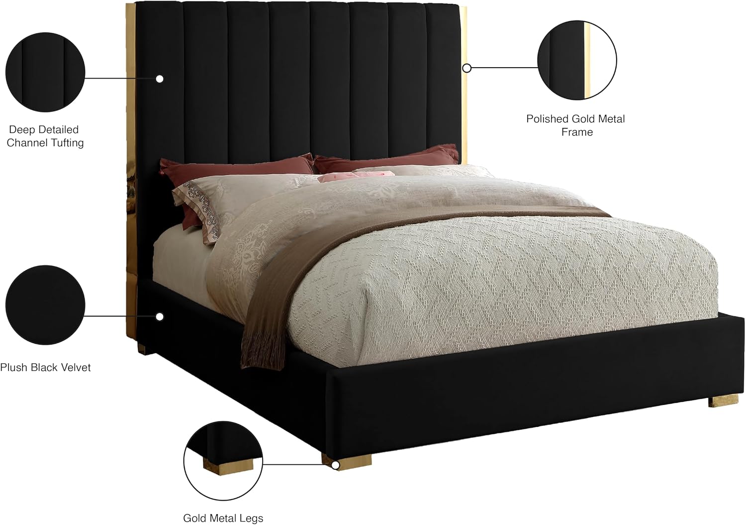 Meridian Furniture Becca Collection Modern | Contemporary Velvet Upholstered Bed with Deep Channel Tufting and Polished Gold Metal Frame, Black, Full