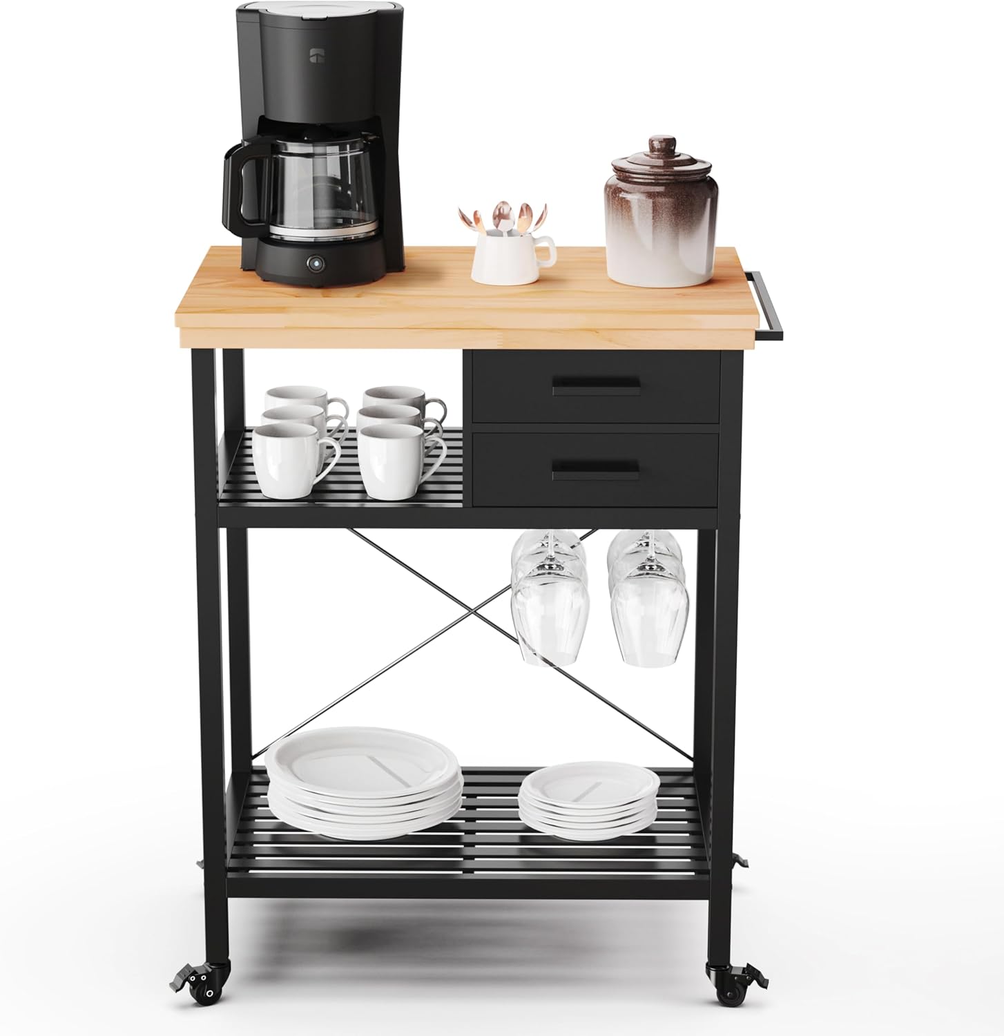 Kitchen Island Cart with Storage – Solid Wood Rolling Coffee Cart with Pine Top, 2 Drawers, Shelves & Wine Rack – Mobile Kitchen Island with Black Base