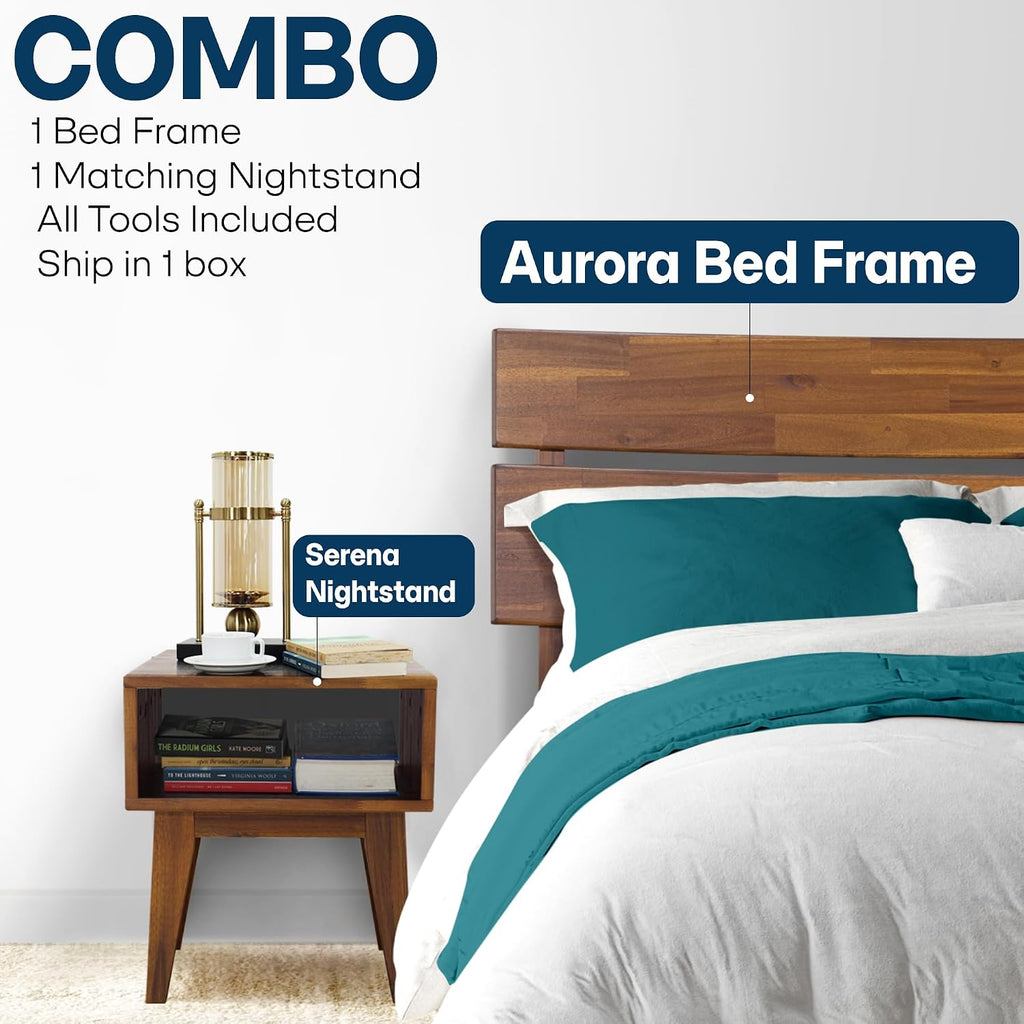 Acacia Aurora King Solid Wood Bed Frame with Headboard – Gift Matching Nightstand Included, Mid-Century Modern Farmhouse, Walnut Finish, 800 lbs Capacity, Sturdy, No Box Spring, Easy Assembly