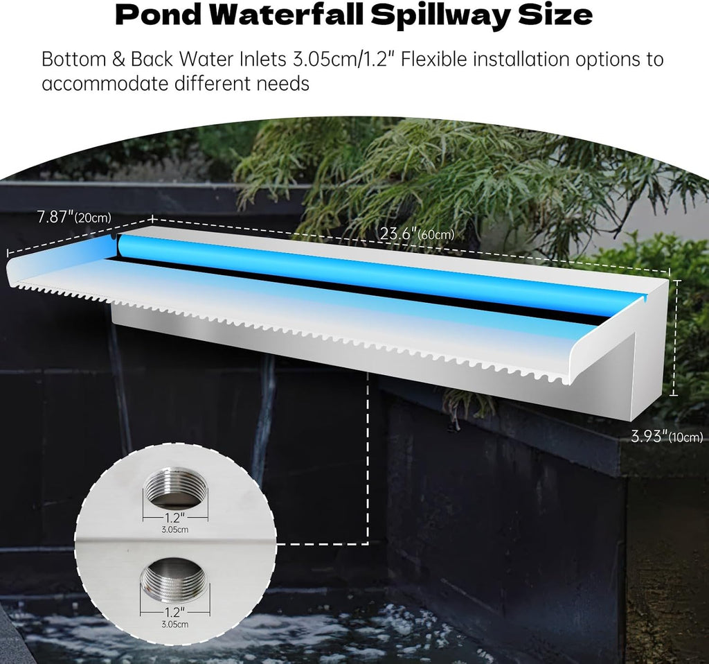 Waterfall Spillway Stainless Steel Pond Waterfalls with Color Changing LED Light, Outdoor Pool Fountain Water Feature Kit for Garden Patio Swimming Pool Koi Ponds Decor-24'x8'x4'