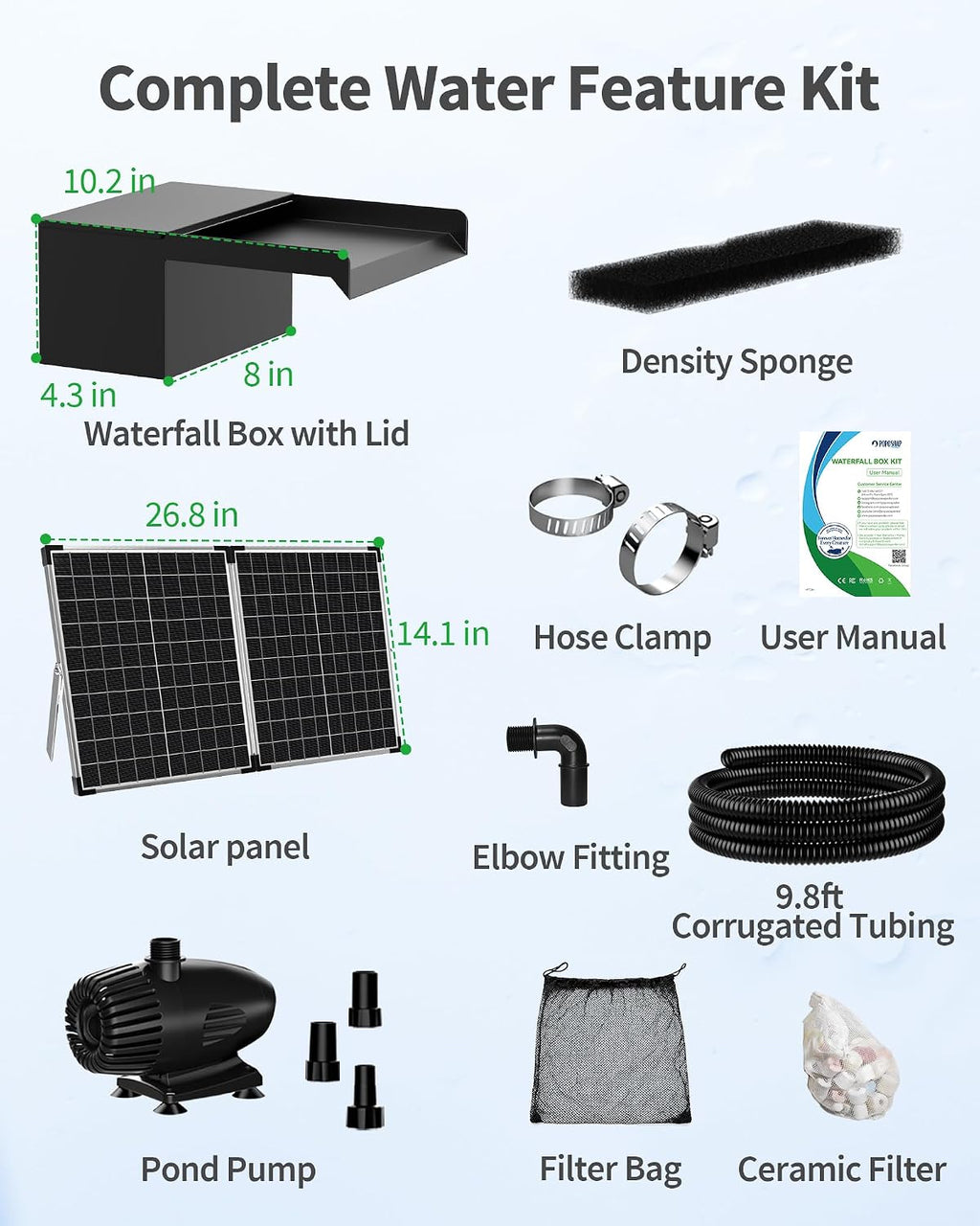 POPOSOAP 55W Solar Pond Waterfall Spillway with Fountain Pump, 304 Stainless Steel Pond Spillway & Filtration System with 9.8FT Tubing for Garden Ponds Landscape Water Features-P5552Y