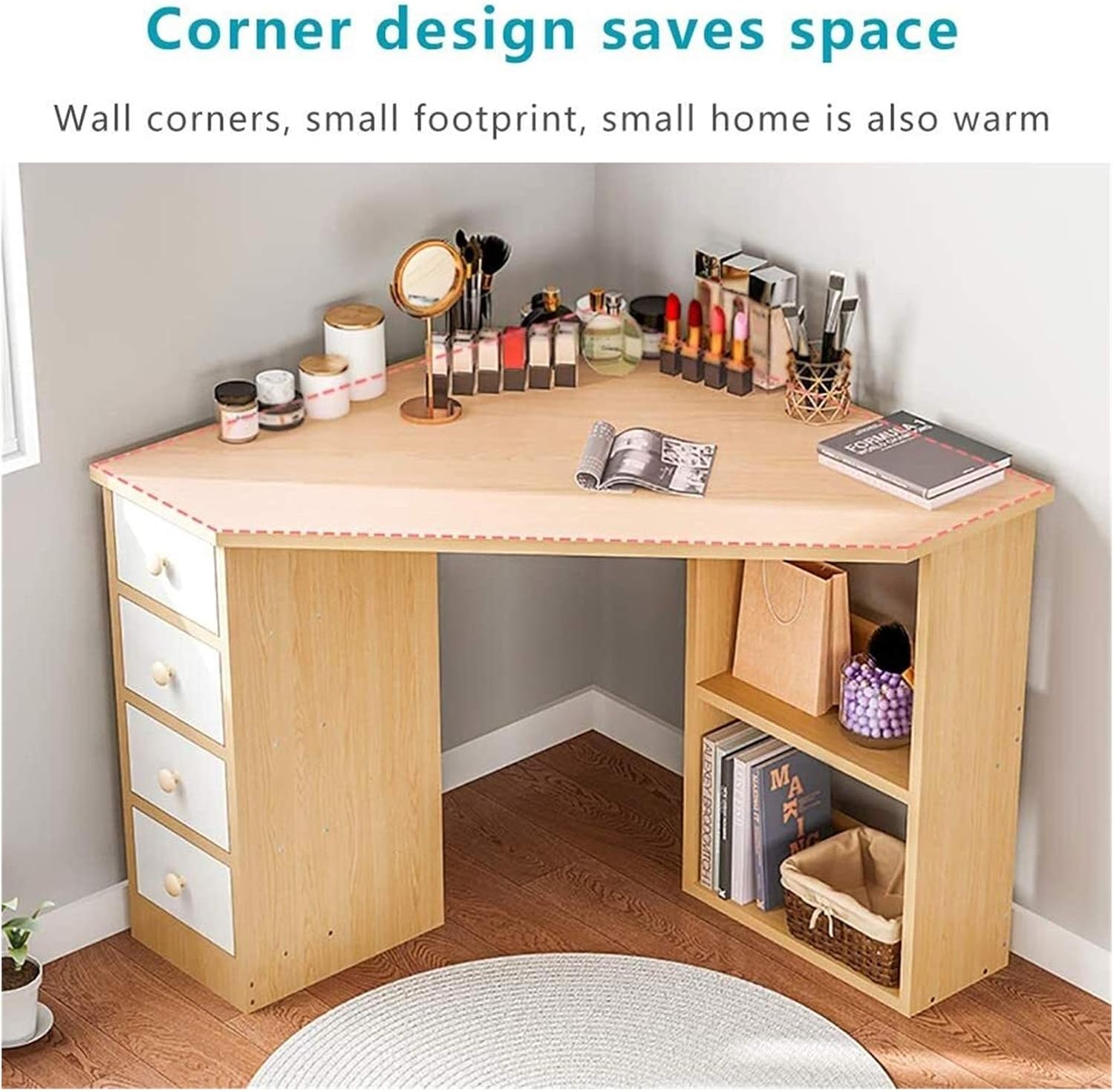Luxury Dressing Vanity Table w/Stool for Bedroom, Corner Vanity Table, Solid Wood Dressing Table, Large Storage Organizer and Open Compartment, with Shelf Holder(A), XRKJBZ32024320