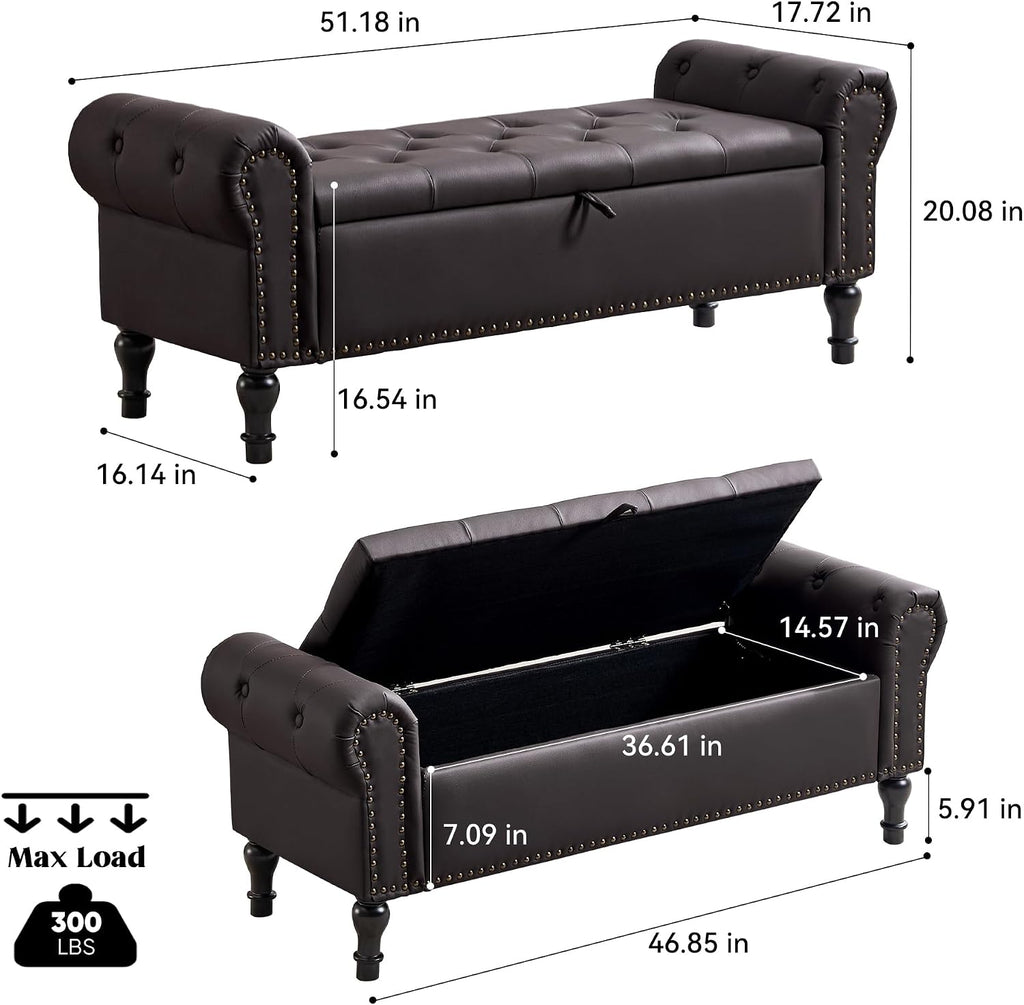 51' Storage Bench for Bedroom, Faux Leather End of Bed Bench, Queen Size Bench with Rolled Arms, Tufted Storage Ottoman Benches, Upholstered Bench for Bedroom, Living Room, Entryway, Dark Brown