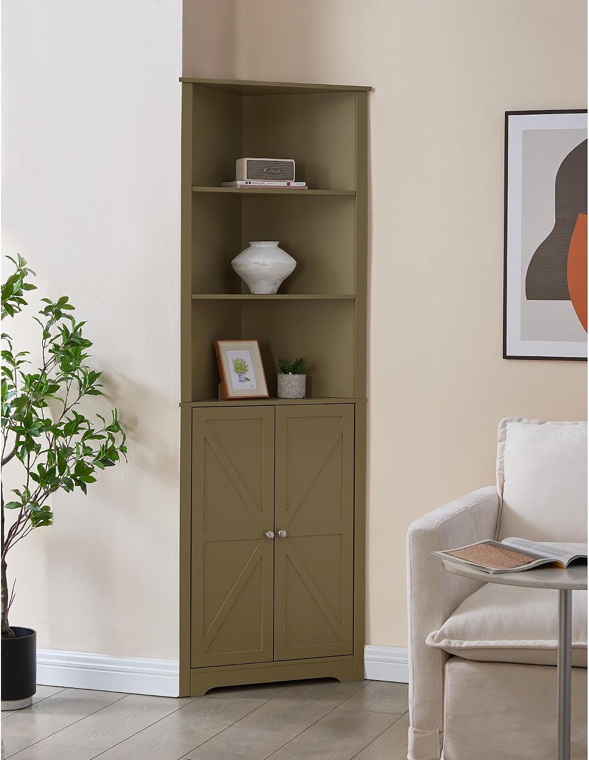Kings Brand Furniture Tall Wooden Corner Cabinet with 2 Doors and 5 Shelves Storage Shelf Organizer, Home Space Saver, Bathroom, Kitchen, Living Room, Lemon Pepper