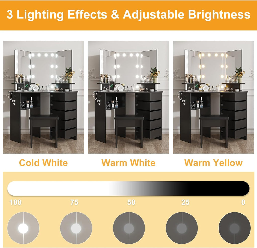 Makeup Vanity Desk with Lights & Power Outlet, Corner Vanity Table with 5 Rotating Drawers,3 Color Lighting, Brightness Adjustable, Shelves and Stool, Dressing Table for Women Girls