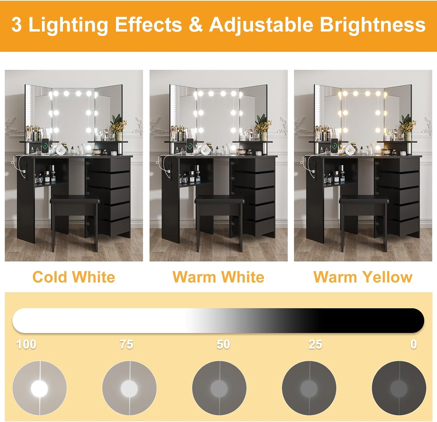 Makeup Vanity Desk with Lights & Power Outlet, Corner Vanity Table with 5 Rotating Drawers,3 Color Lighting, Brightness Adjustable, Shelves and Stool, Dressing Table for Women Girls
