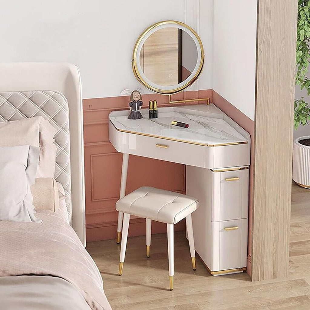 UPGENT Corner Dressing Table with Lighted Mirror, Vanity Makeup Table with Drawers, Cabinet and Cushioned Stool, Girls Vanity Desk for Bathroom, Bedroom (White) (Size : 80CM)